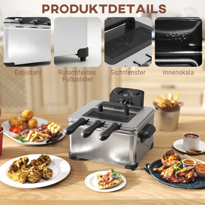 Fritteuse, 5 l, einstellbare Temperatur und Timer, Edelstahl Silber