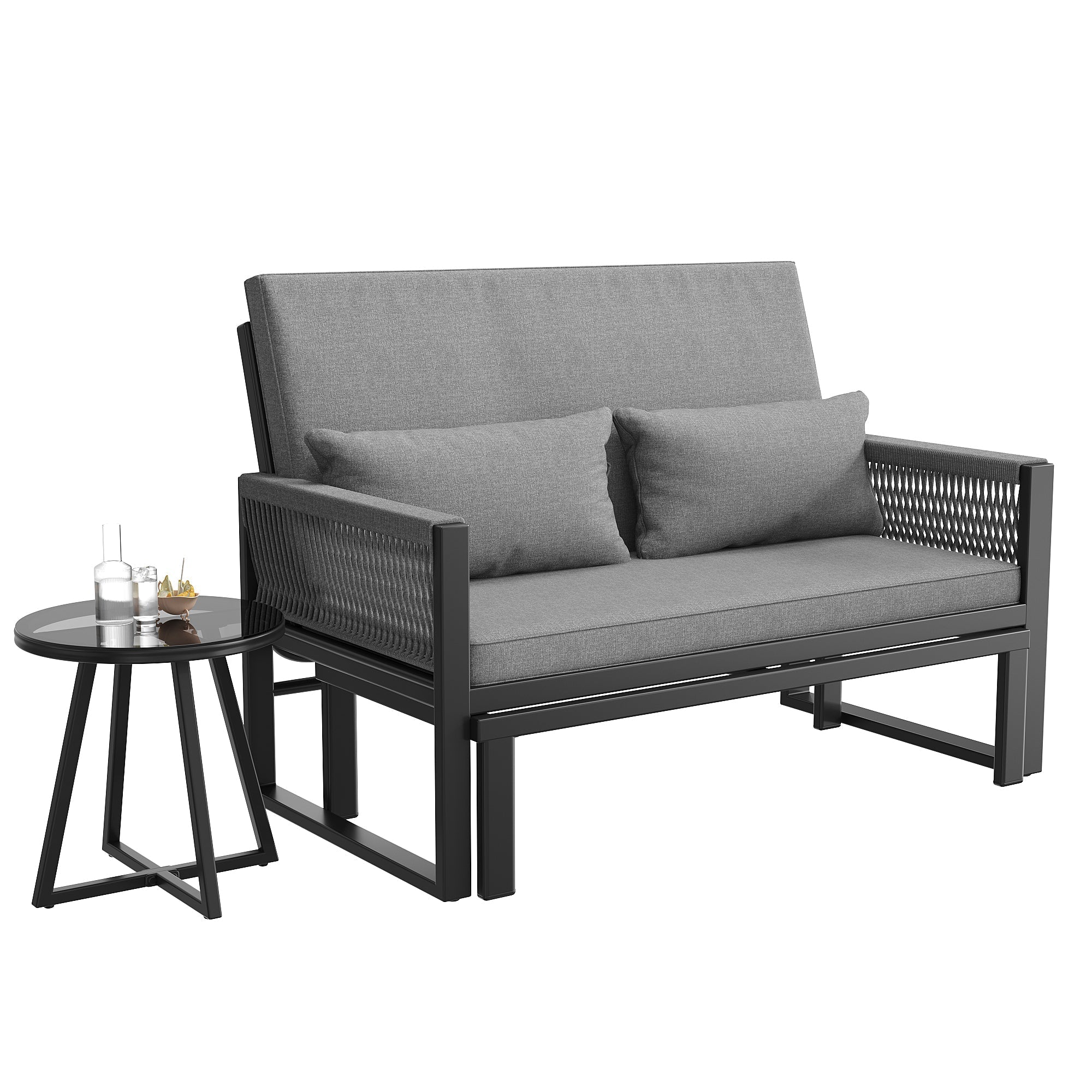 Garden Lounger with Woven Iron Armrests and Glass Coffee Table, Grey