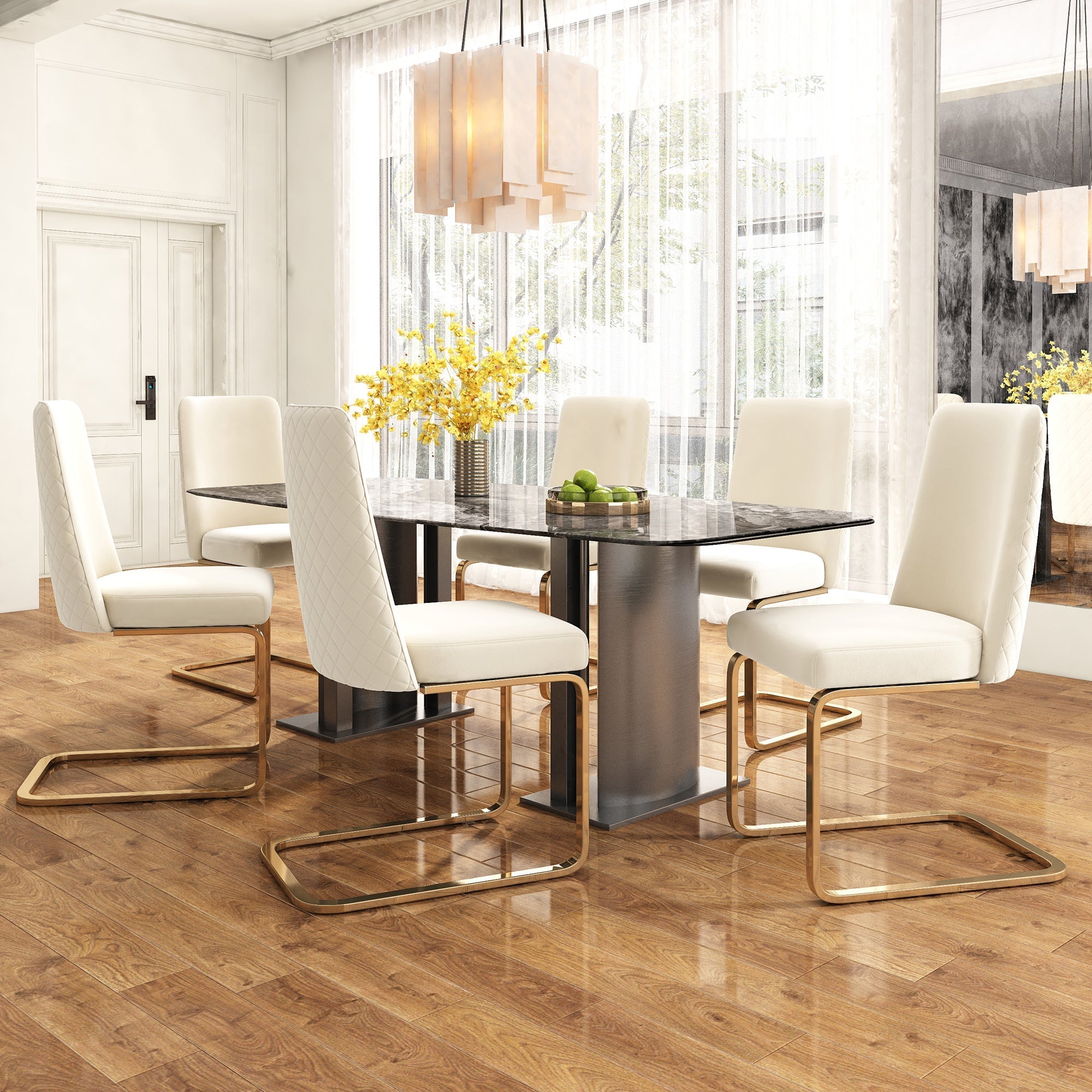 Velvet Dining Chair Set of 6, Diamond Back Design with Gold Metal Legs, Beige