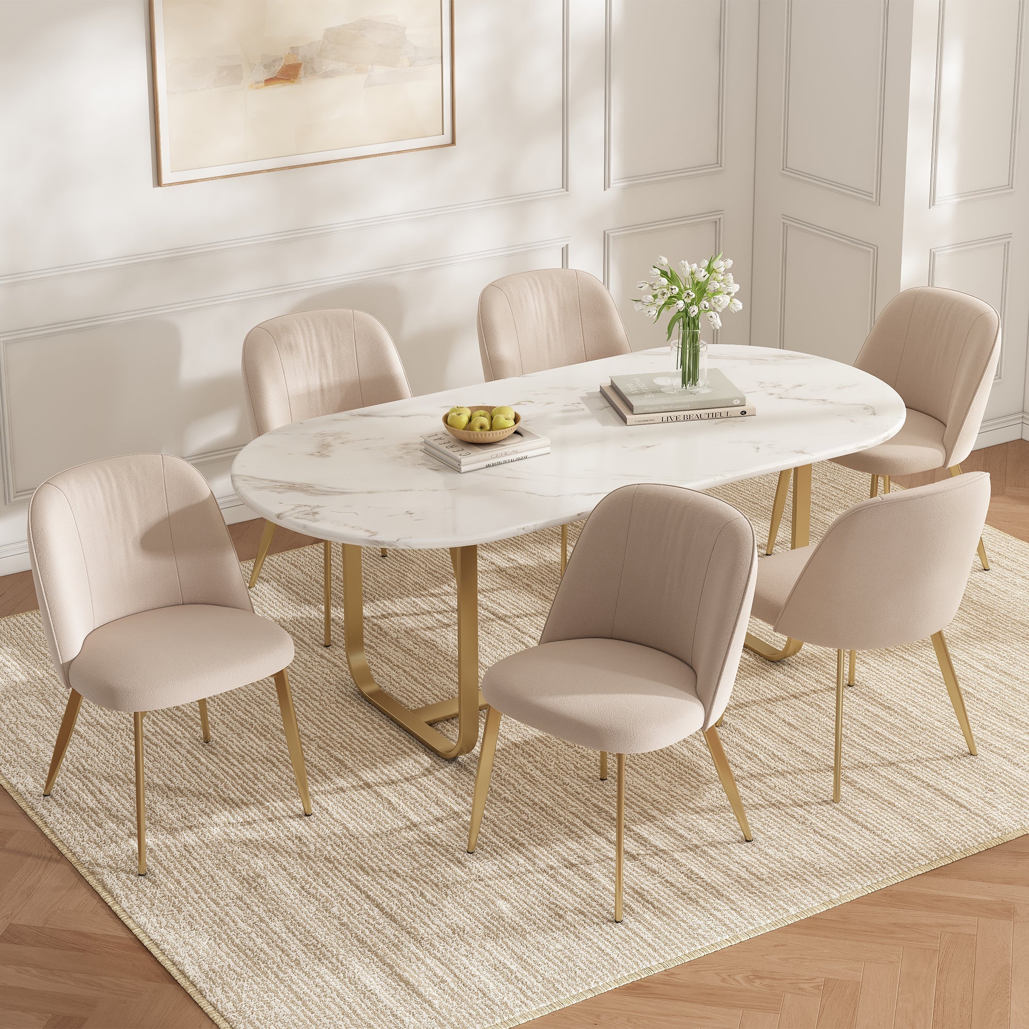 Modern Dining Chairs, Set of 2, Comfortable and Breathable Seating for Living Room and Cafe, Beige Velvet and Gold