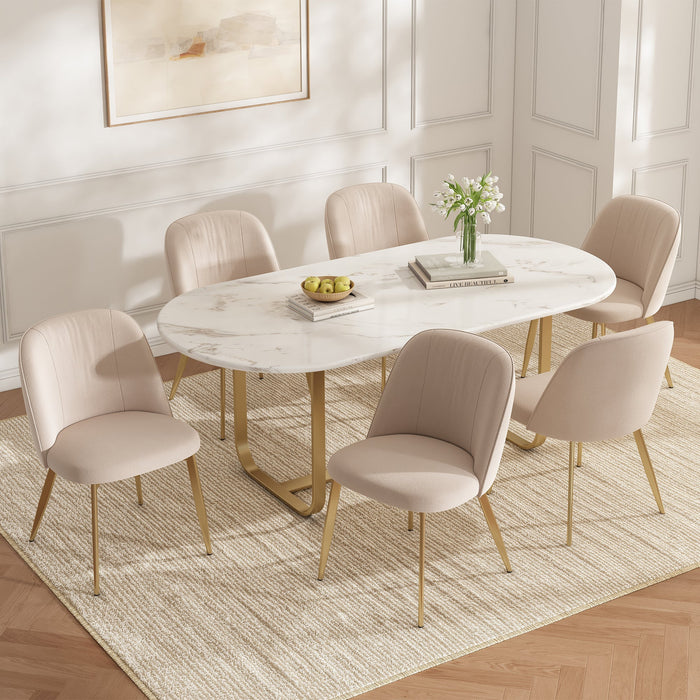 Set of 6 Dining Chairs, Modern Breathable Seating, Beige and Gold Velvet