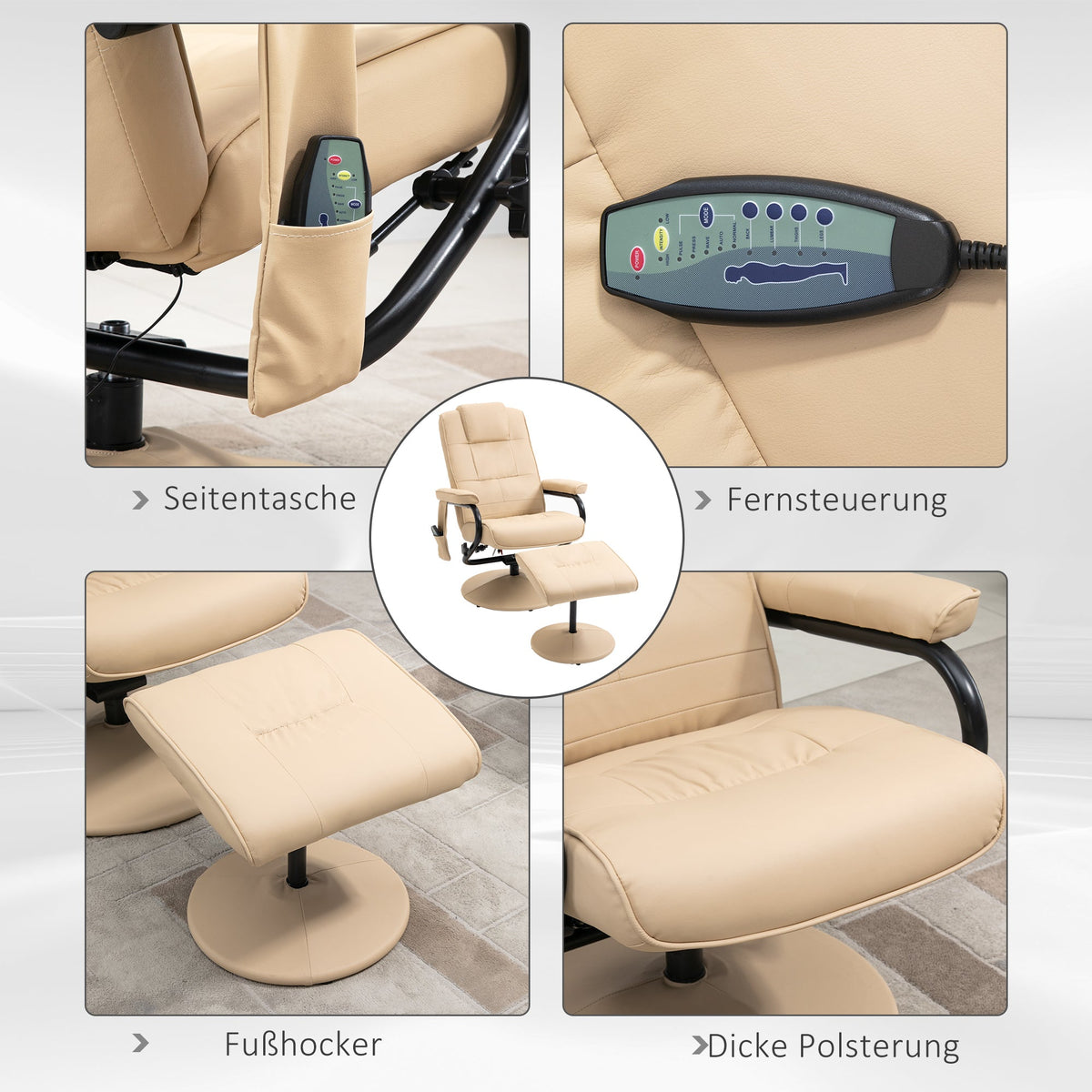 Reclining Massage TV Chair & Footstool, Faux Leather, Cream White