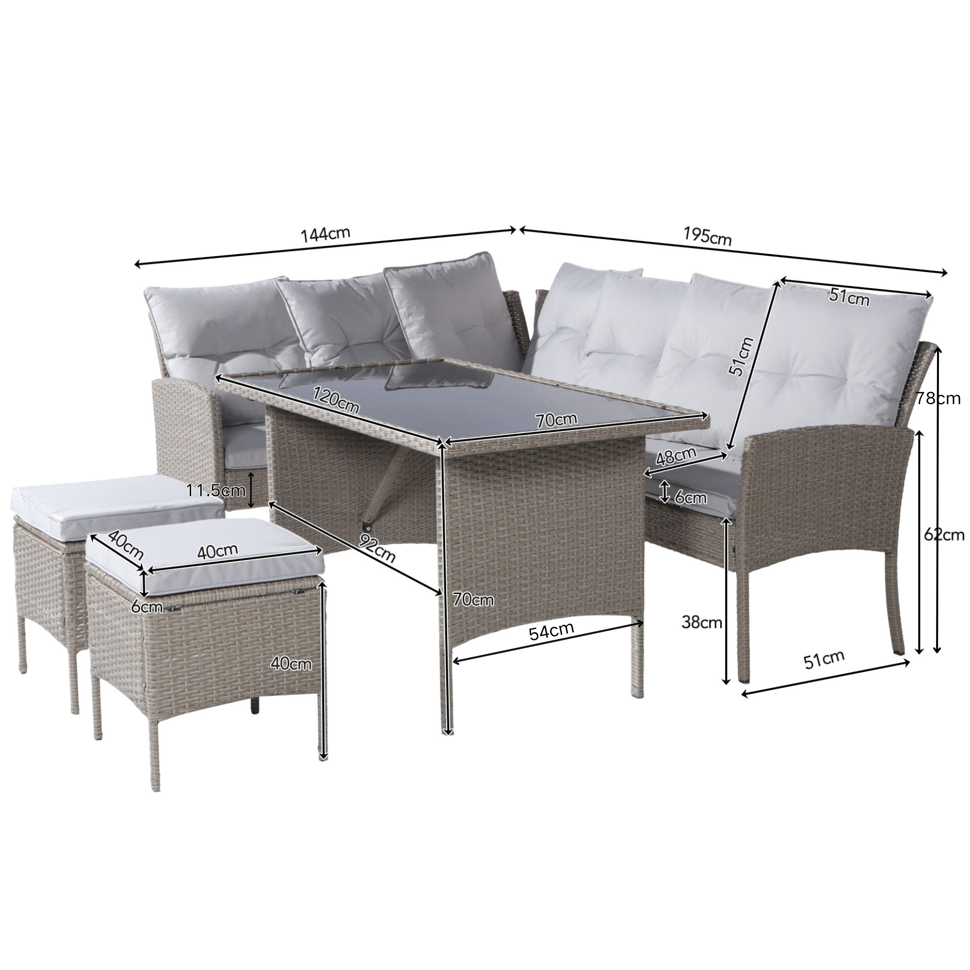 Poly Rattan Dining Set for 7 People with Sofa, Table and Stools, Khaki