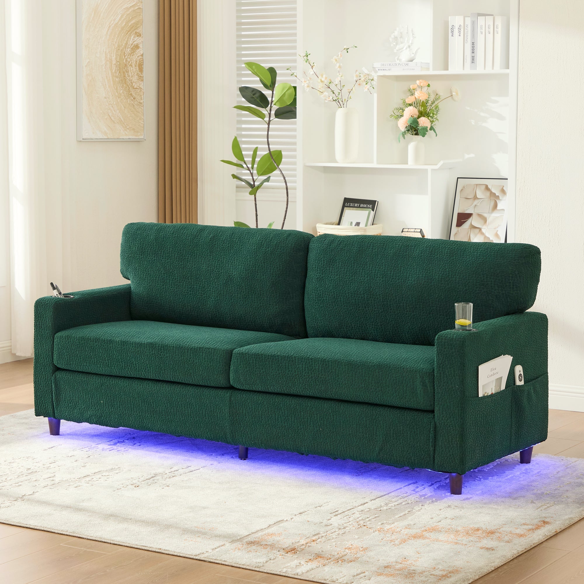 2-Seater Sofa Modern USB-C LED Cup Holders Side Pockets - Emerald Chenille