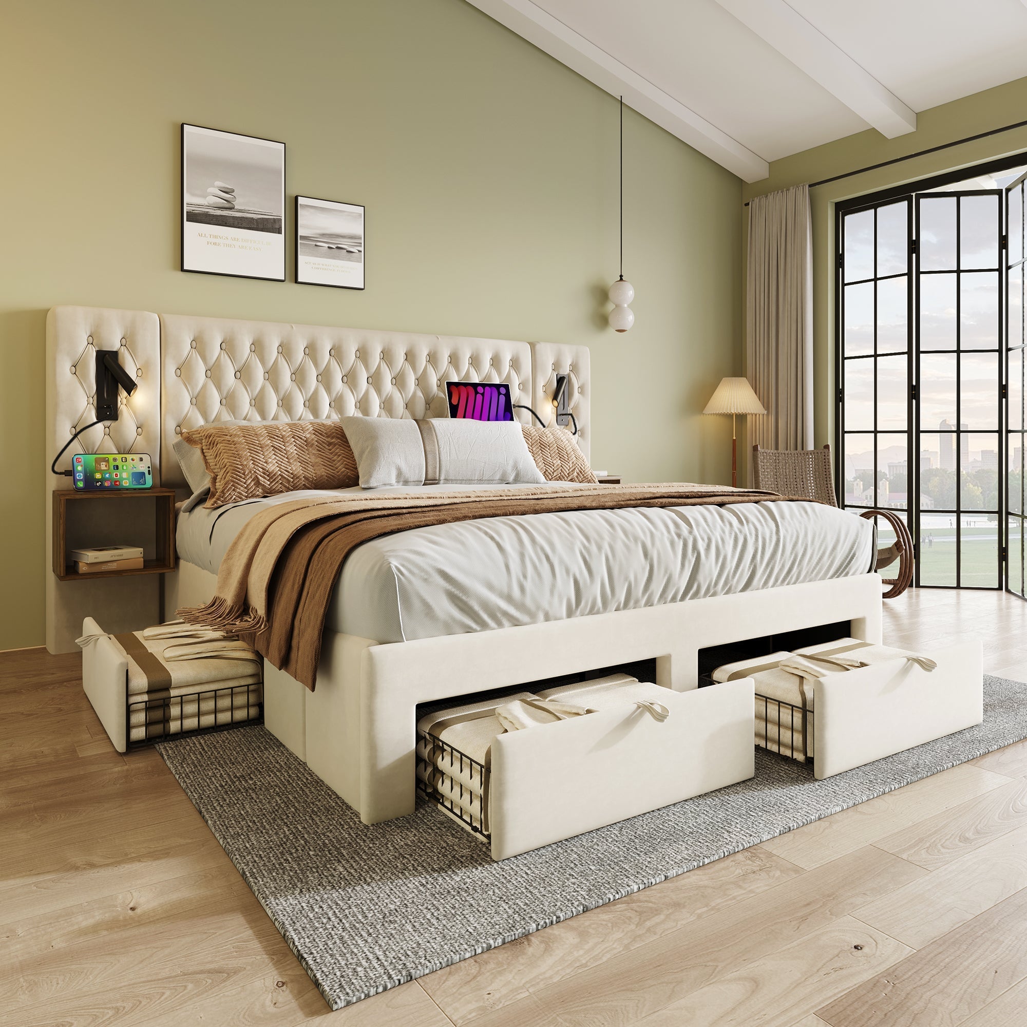 Bedroom Set, Upholstered Double Bed 180x200cm with 2 Nightstands, 4 Drawers, Headboard Reading Light, USB Charging, Beige Velvet