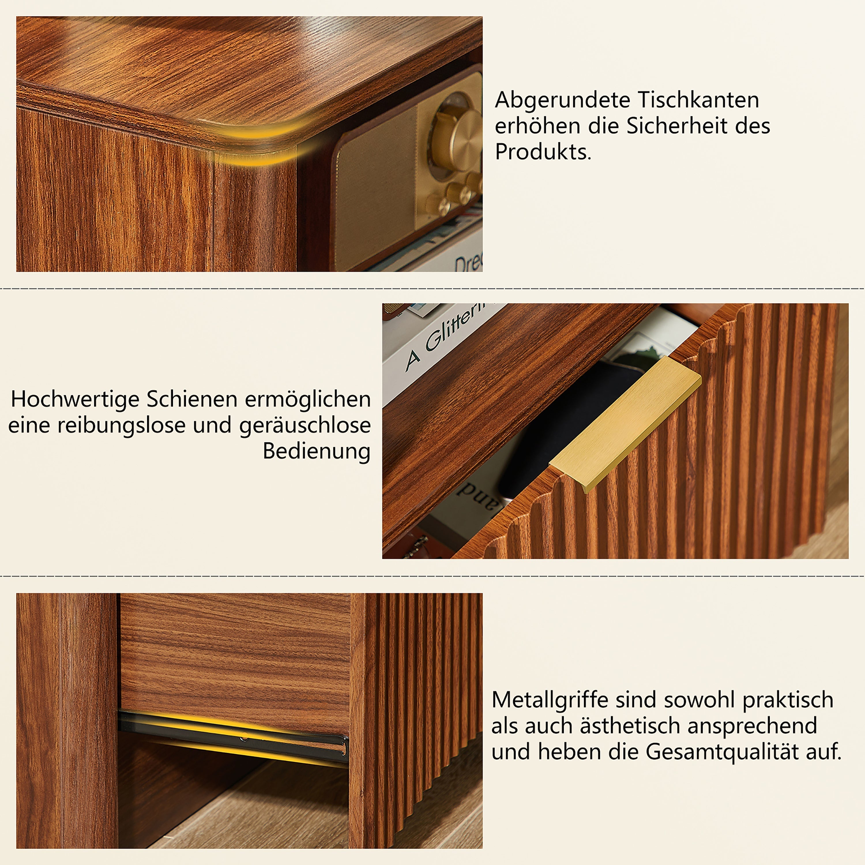 Nightstand Grooved Open Drawer Gold Handles - Walnut Look