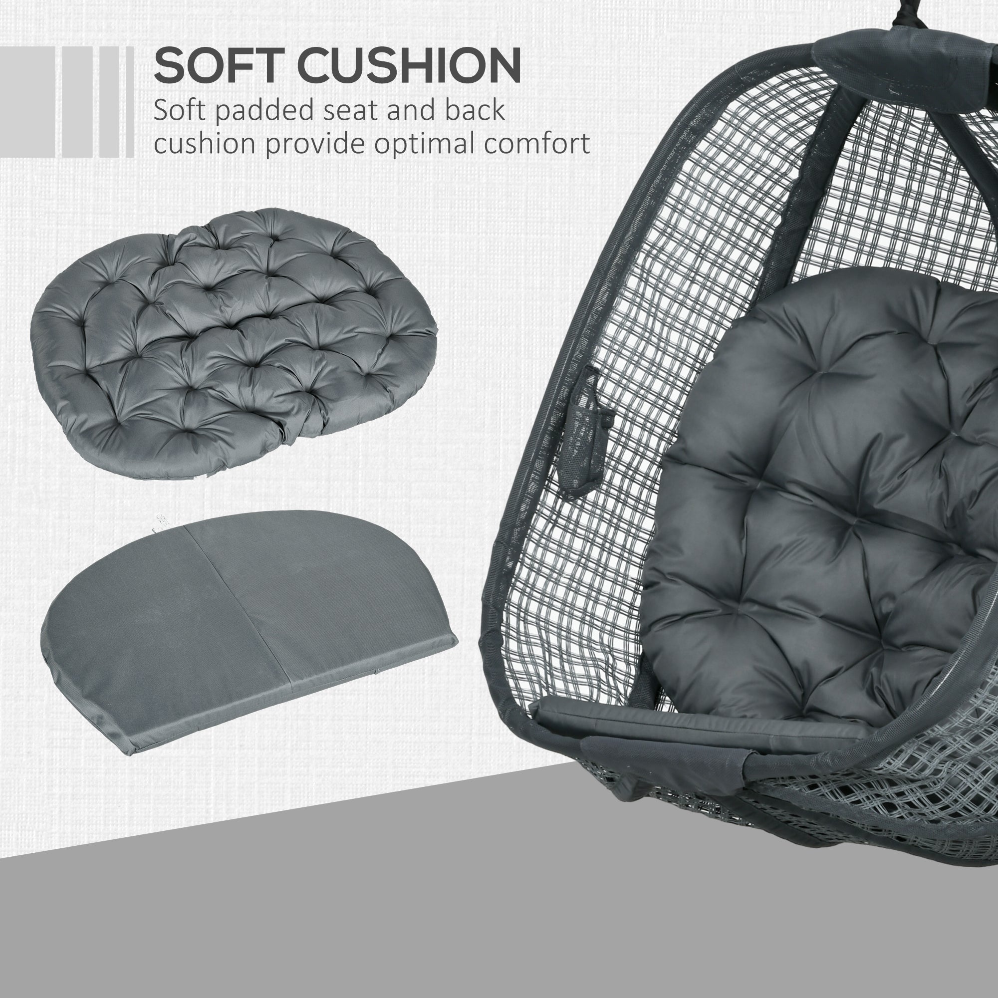 Outdoor Swing Chair, Hanging Egg Chair with Foldable Basket & Cup Holder, Dark Grey Steel