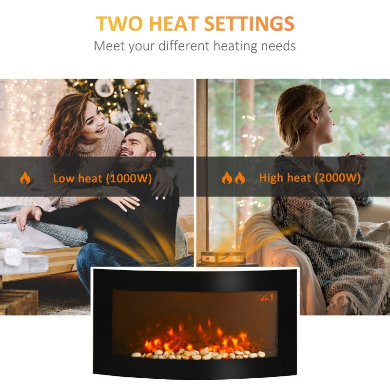 Led Wall Mounted Fireplace, Curved Glass Slimline 1000/2000W 7 Colour Side Lights, Electric Fire Place