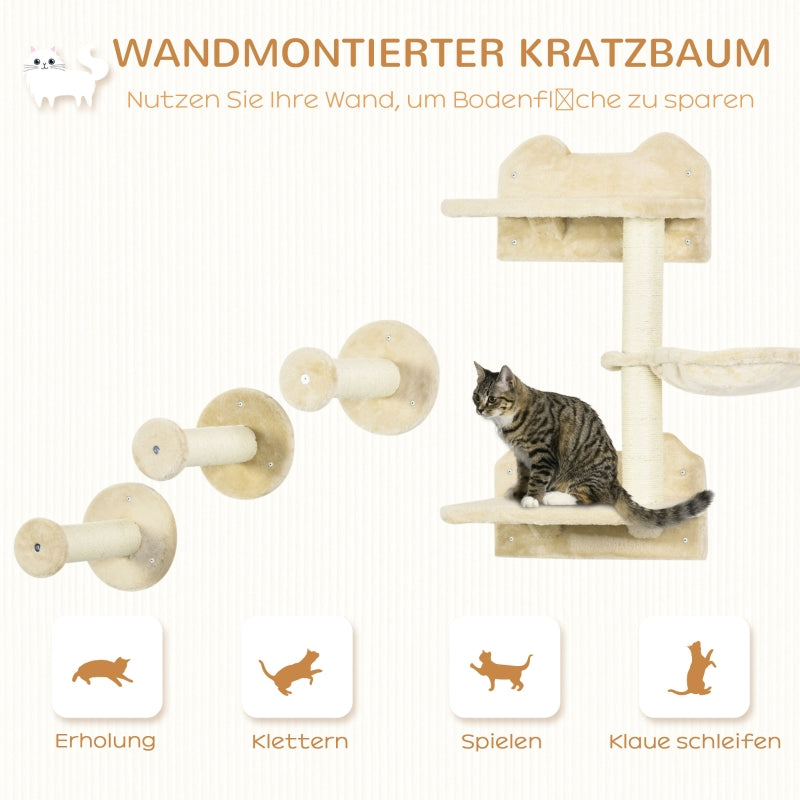 Kletterstufen für Katzen, 4-teiliges Wandtreppen-Set mit Kratzbaum & Hängematte, Beige/Cremeweiß