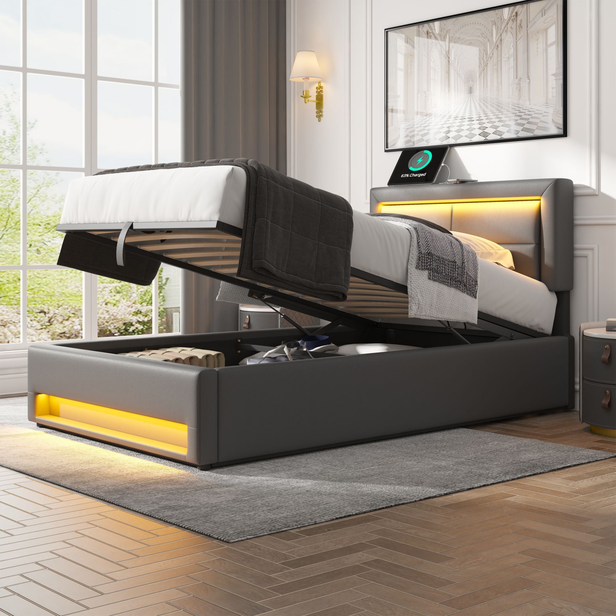 Upholstered Bed 90x200cm LED Storage USB/Wireless Charging - PU Lychee Grey