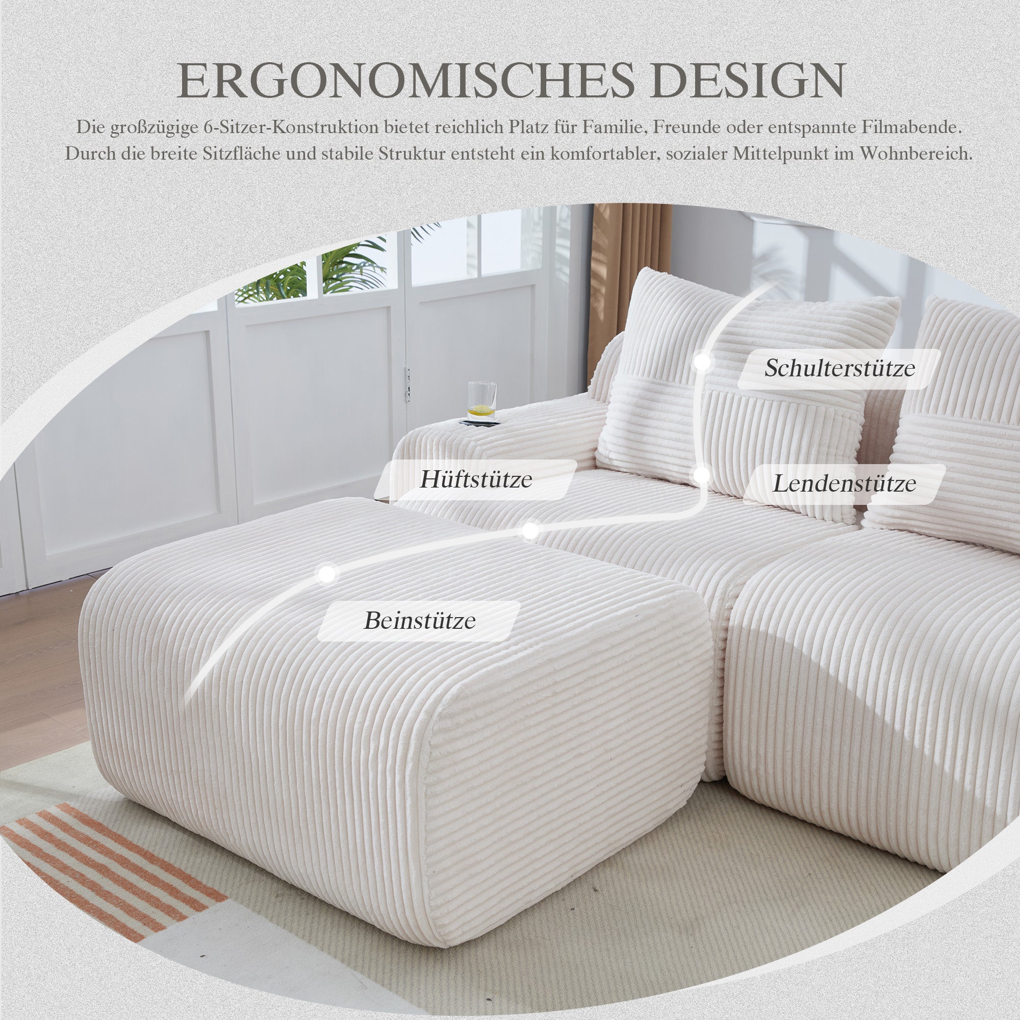 Modular Corduroy Sofa for 2 People with Ottomans, Cup Holder and Side Pocket, Beige