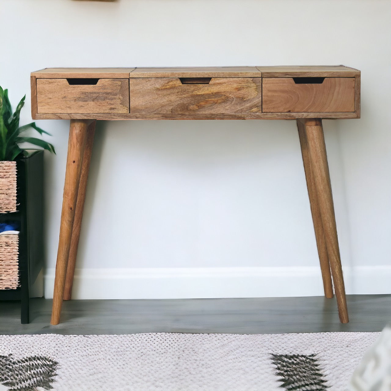 Dressing Table, 2 Drawers 4 Storage Mirror, Solid Wood Brown
