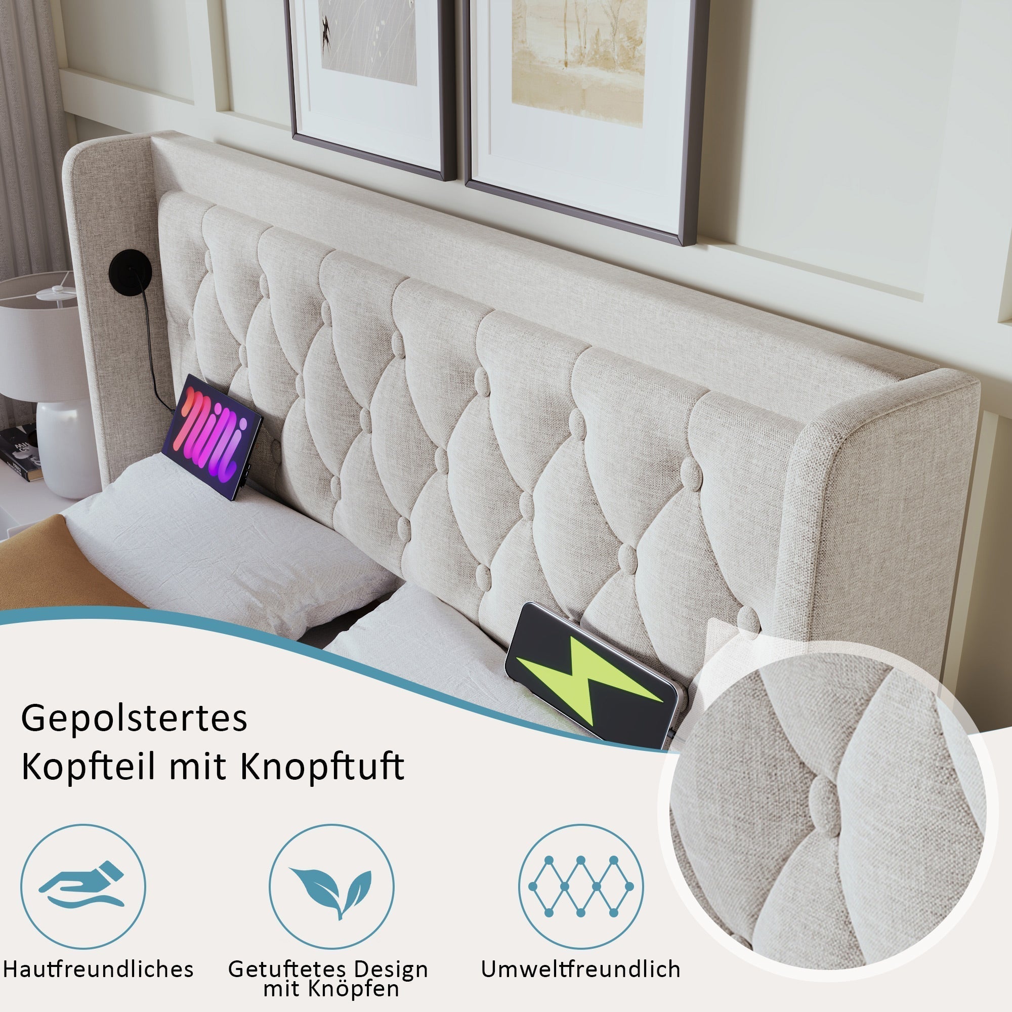 Upholstered Double Bed 180x200cm Hydraulic Storage LED Headboard USB-C, Beige Cotton