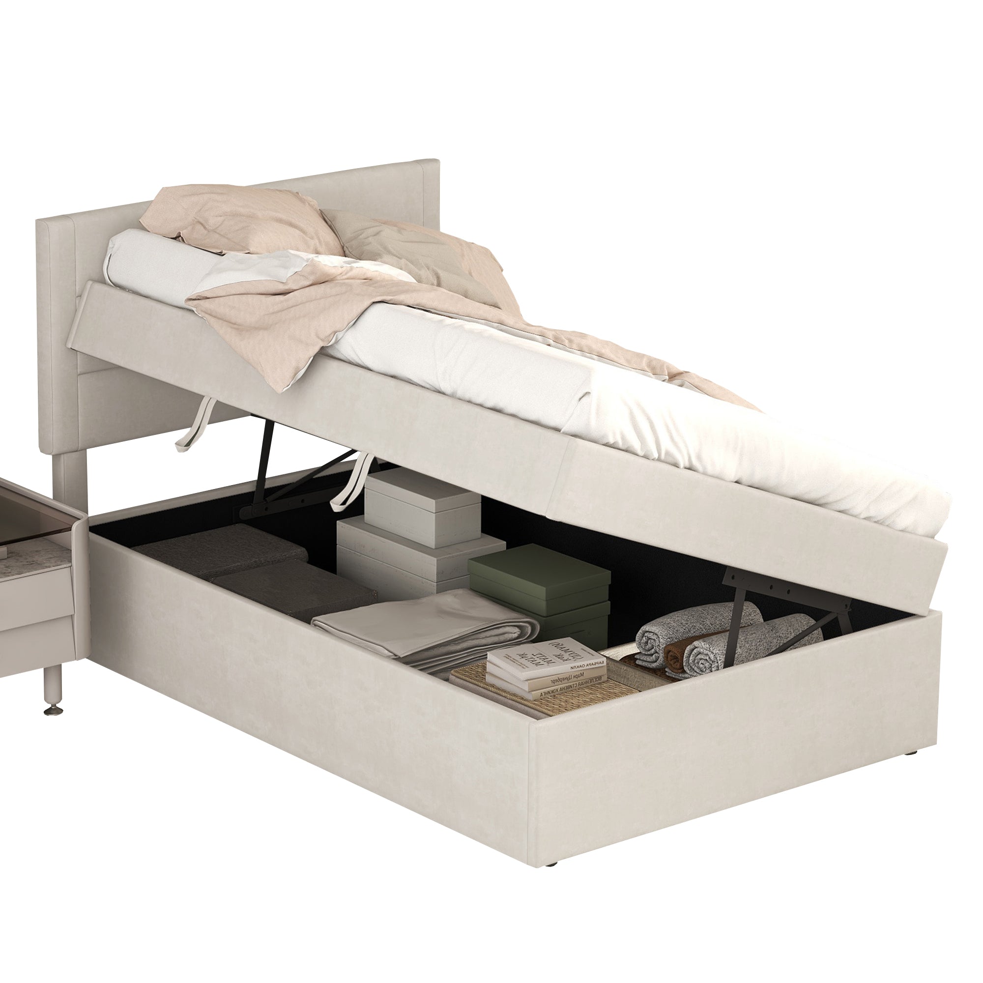 Upholstered Single Bed 90x200cm Metal Frame Storage - Beige