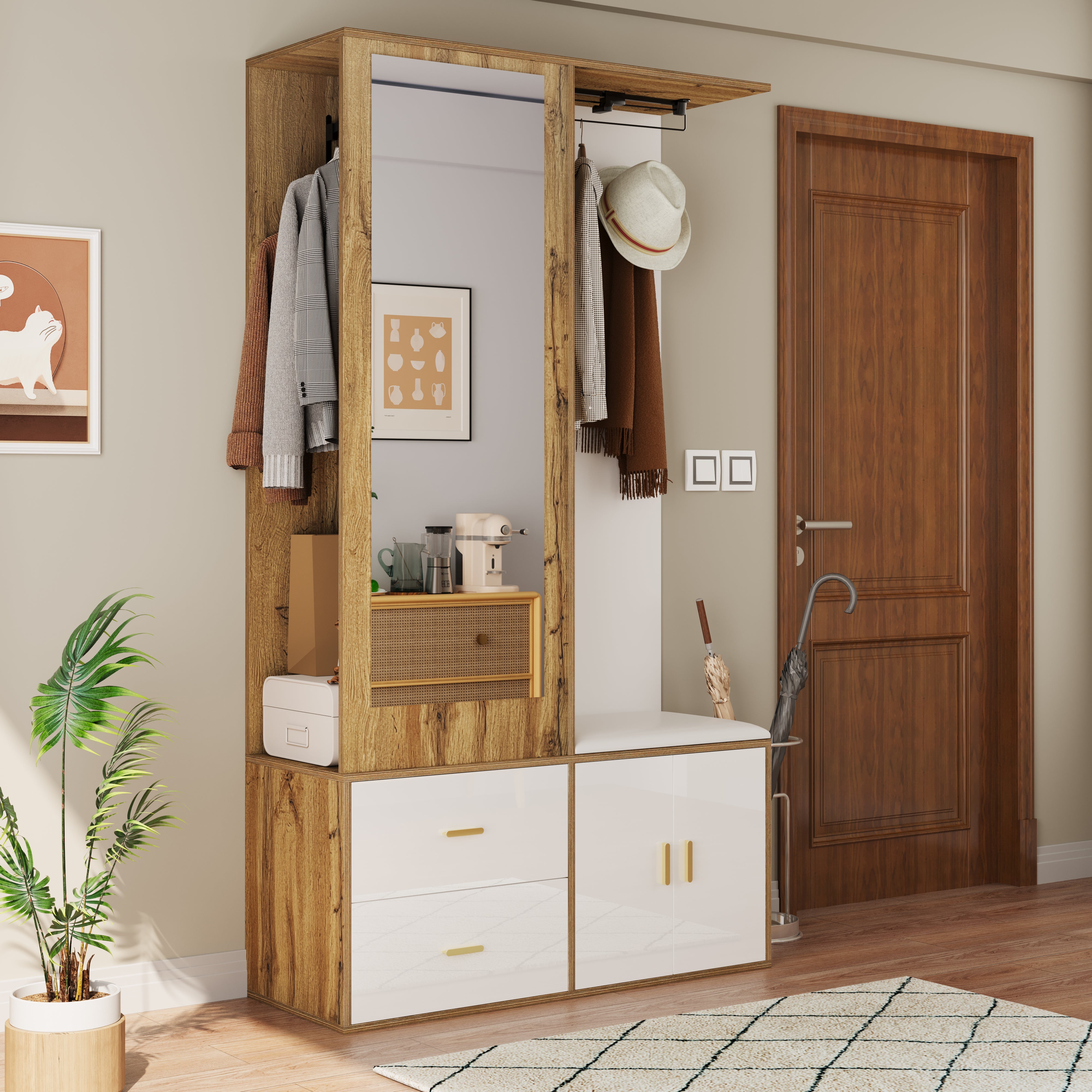 Wardrobe Set with Mirror, Shoe Cabinet & Bench, White and Wood