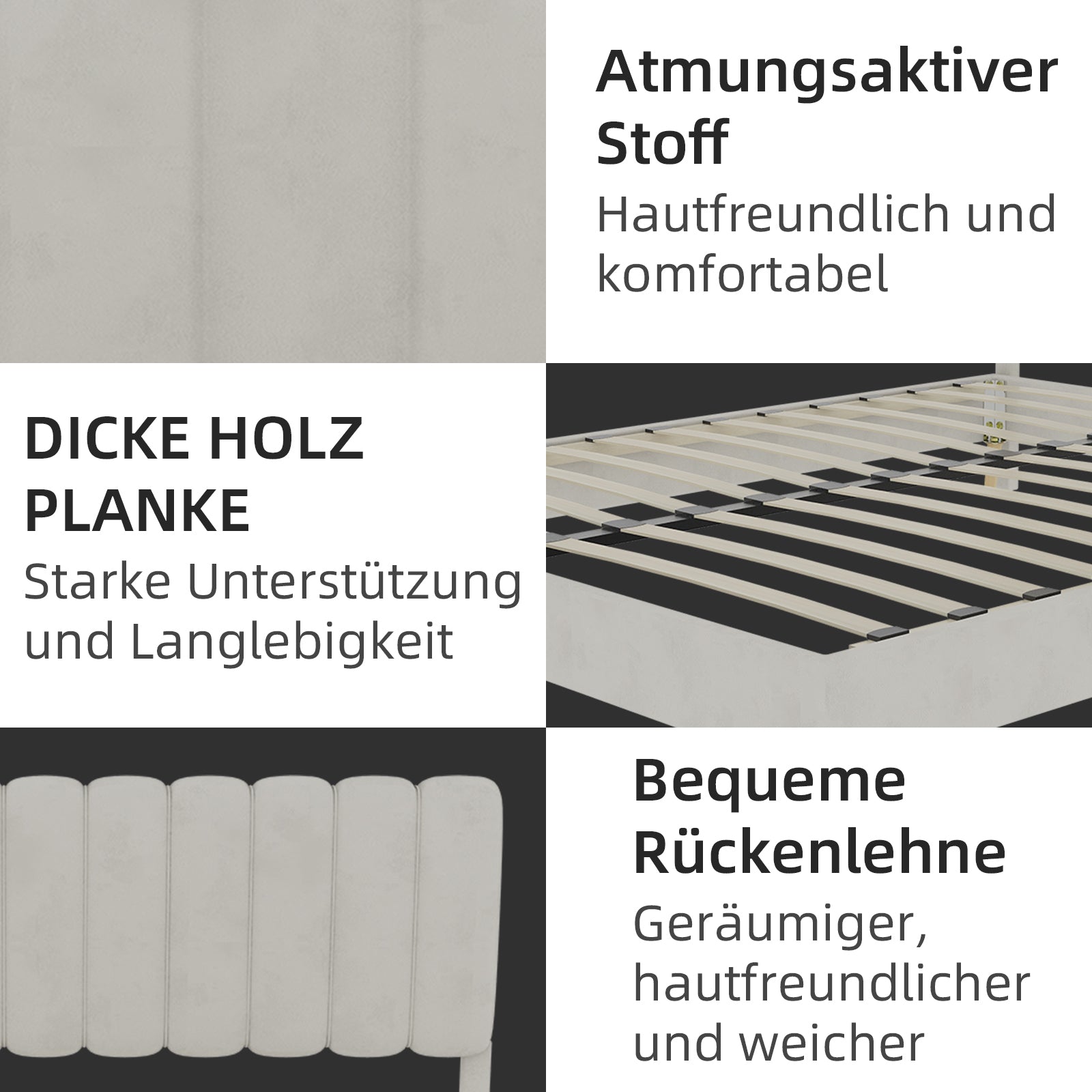 Upholstered Bed, Modern Minimalist Plush Headboard, 160x200cm, Beige