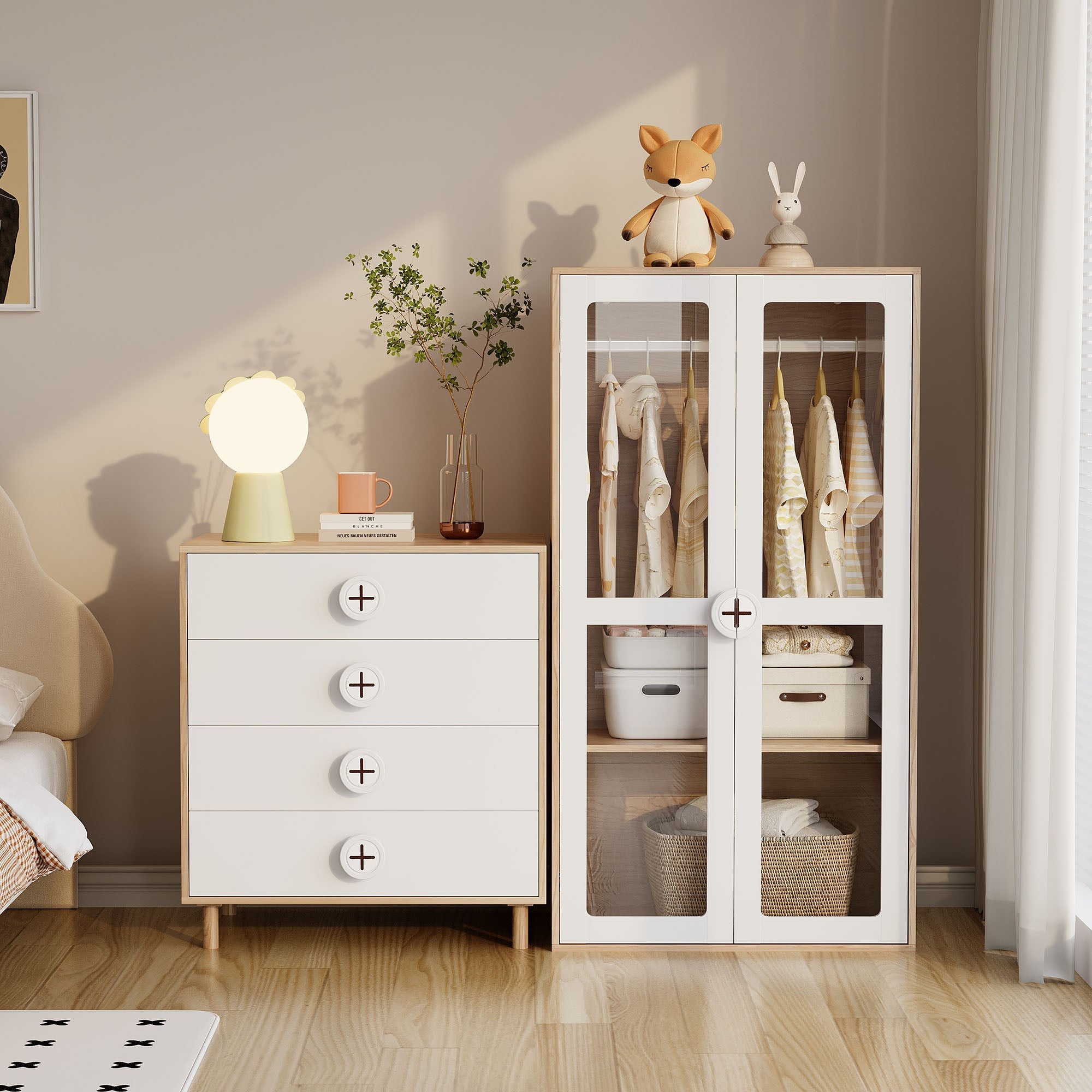Children's Wardrobe, Double Door with Hanging Rail, 2-Piece Combination, White/Natural Wood Color