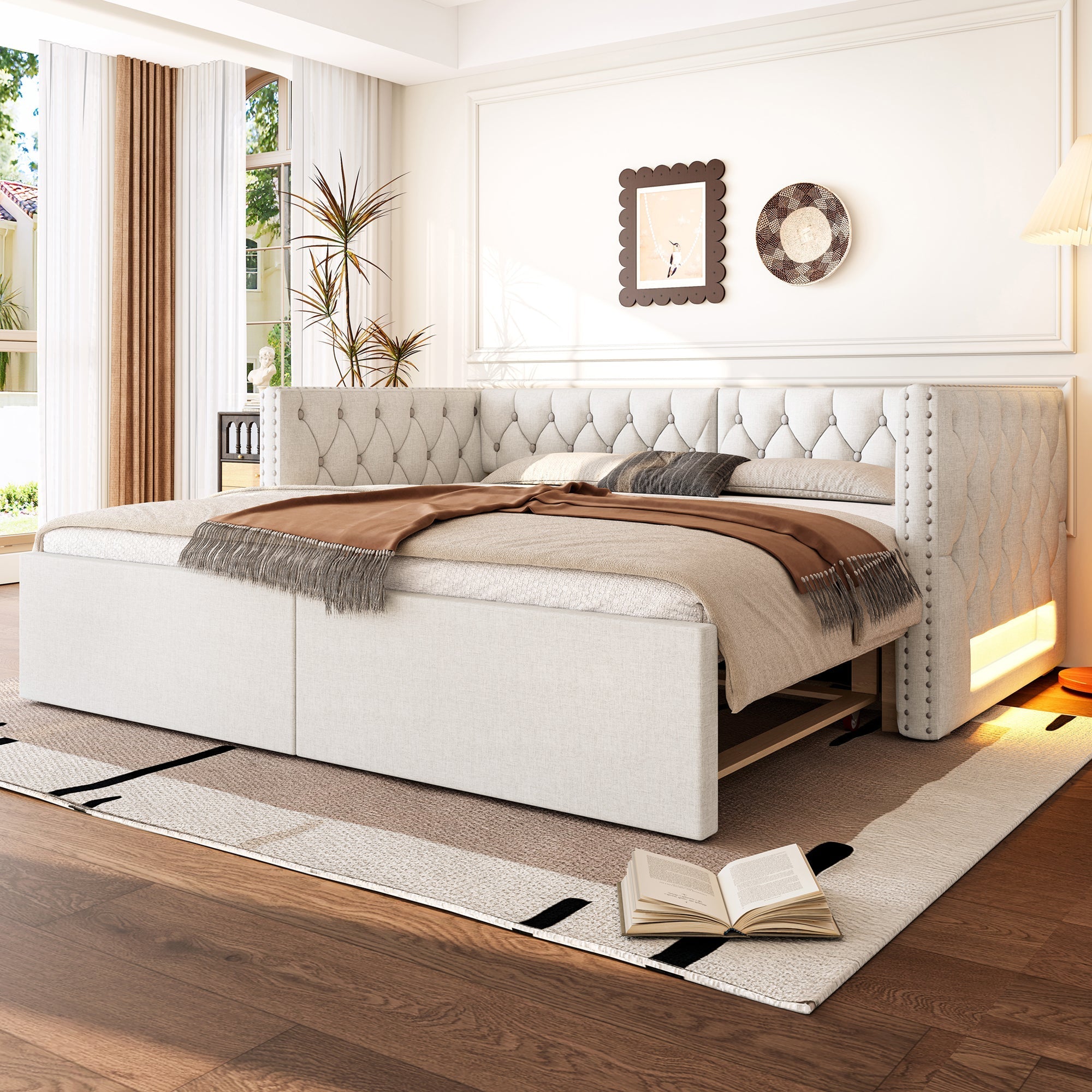 Extendable Daybed 90x200-180x200 Upholstered LED - Beige