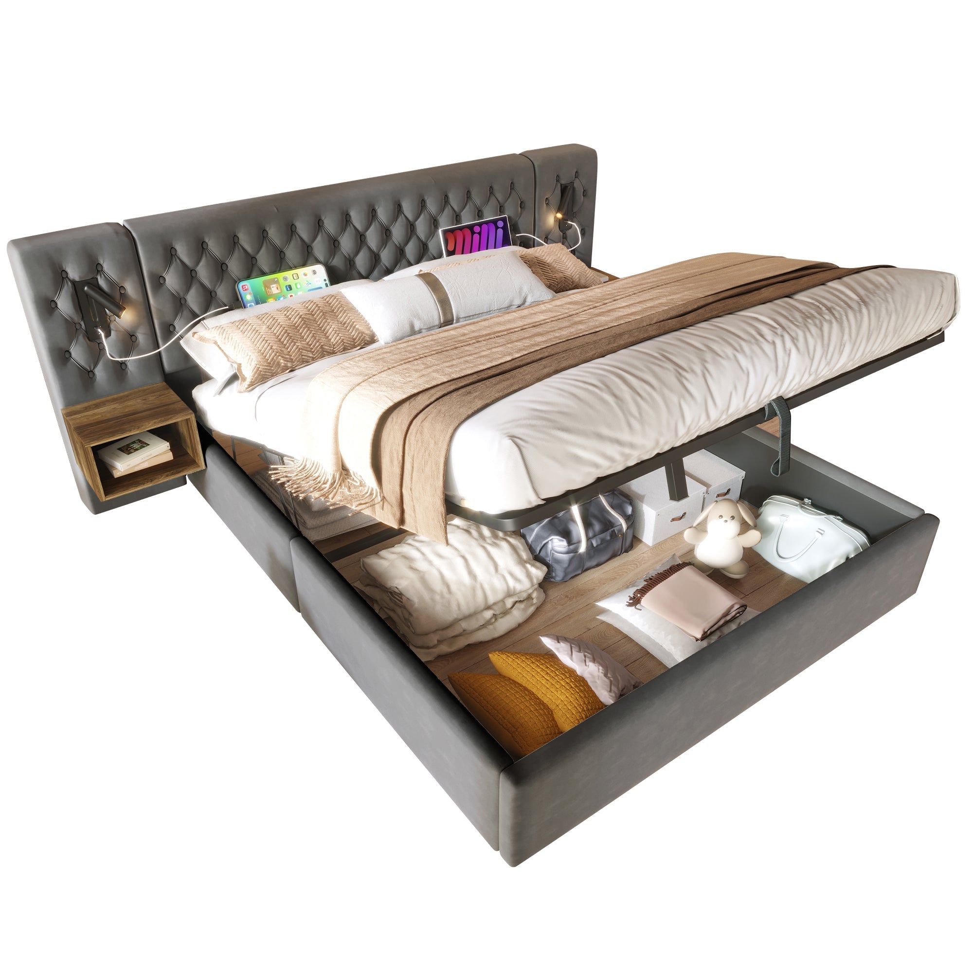 Bedroom Complete Set, Upholstered Hydraulic Storage Double Bed with 2 Bedside Tables, Reading Light, USB Charging, Gray Velvet