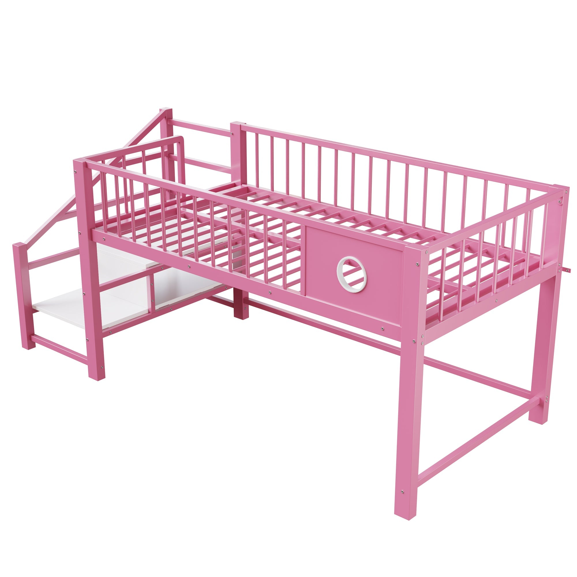 Low Loft Bed for Children with Storage Ladder and Metal Frame, 90x200cm, Pink Metal