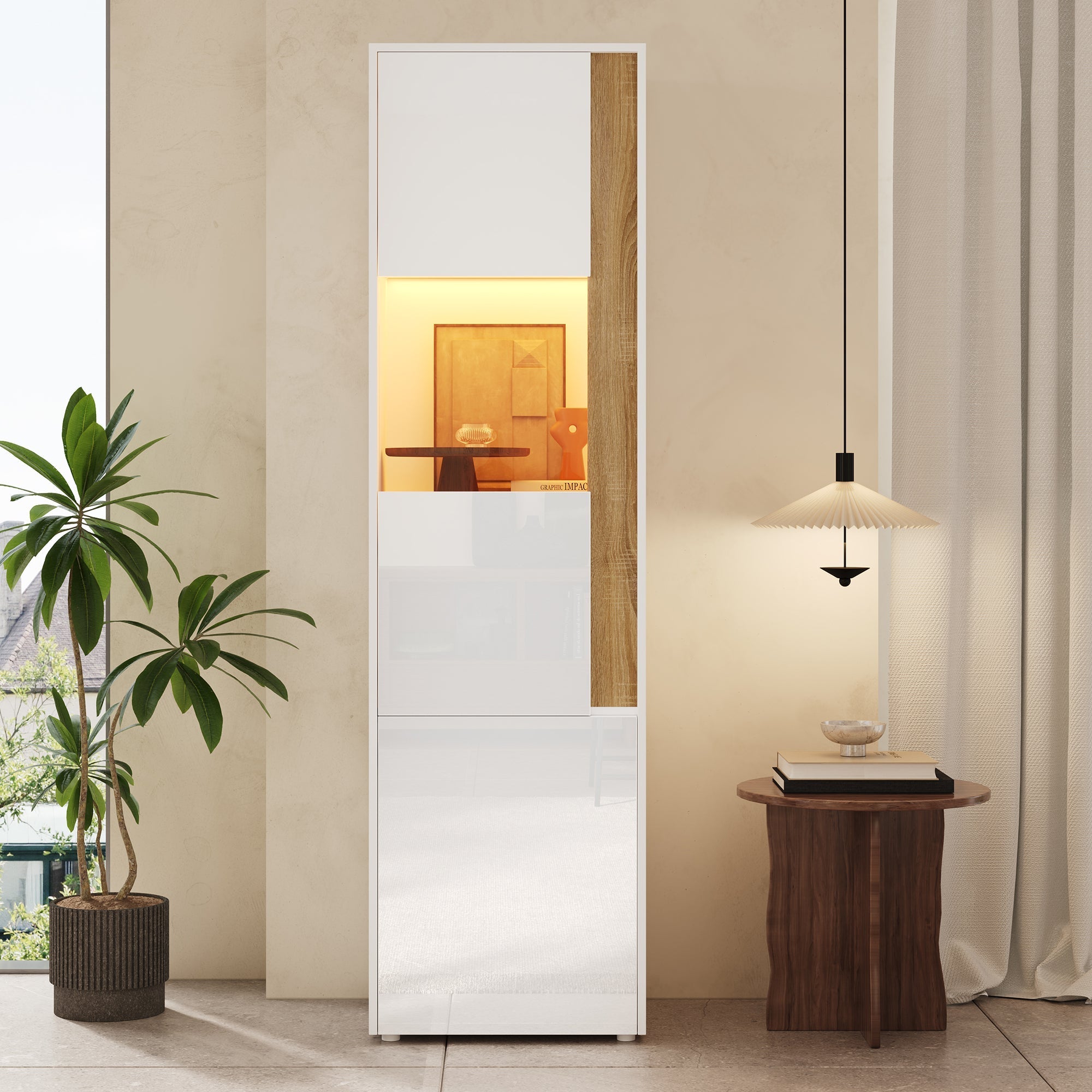 Display Cabinet Tall Storage Unit with LED Lighting 2 Doors White/Natural