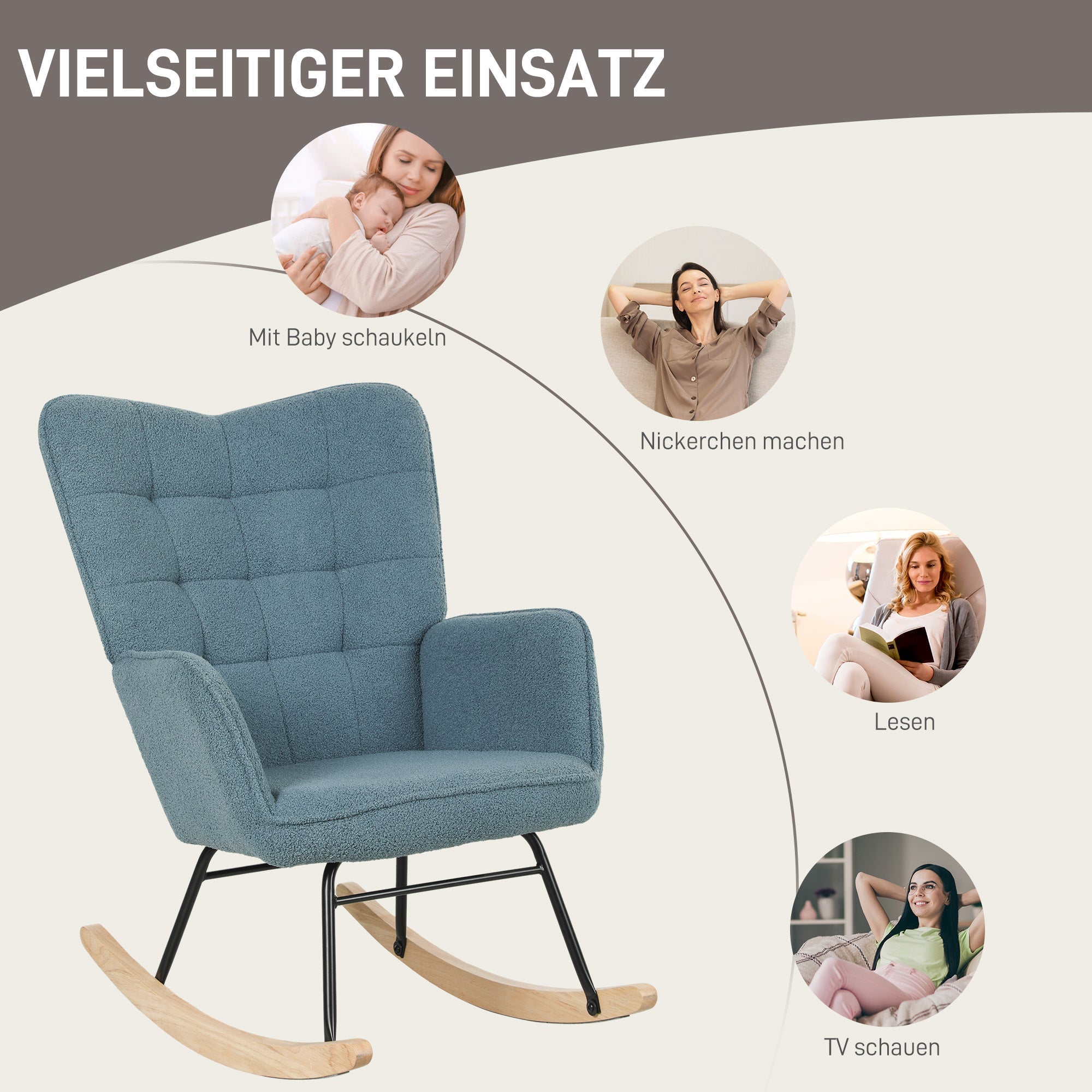 Rocking Chair Upholstered Armrest Wooden Runners 120kg Light Blue Berber Fleece