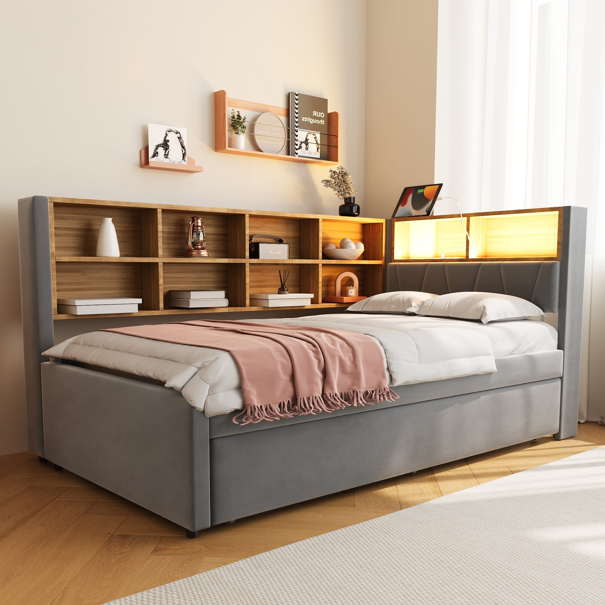Sofa Bed 90x200 Pull-Out LED/Storage Upholstered Flannel Dark Grey