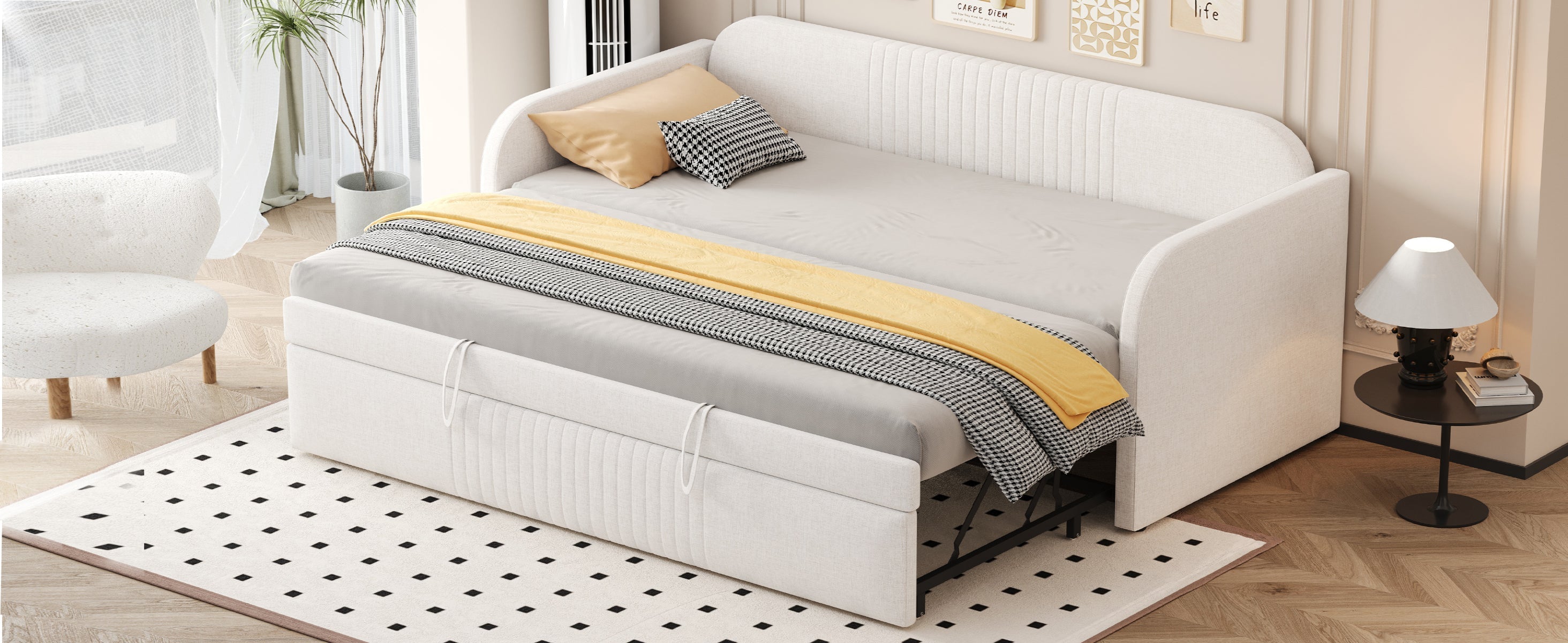 Upholstered Bed Pull-Out Sofa Bed, 90/180*190cm Multifunctional with Slatted Frame, Beige Linen