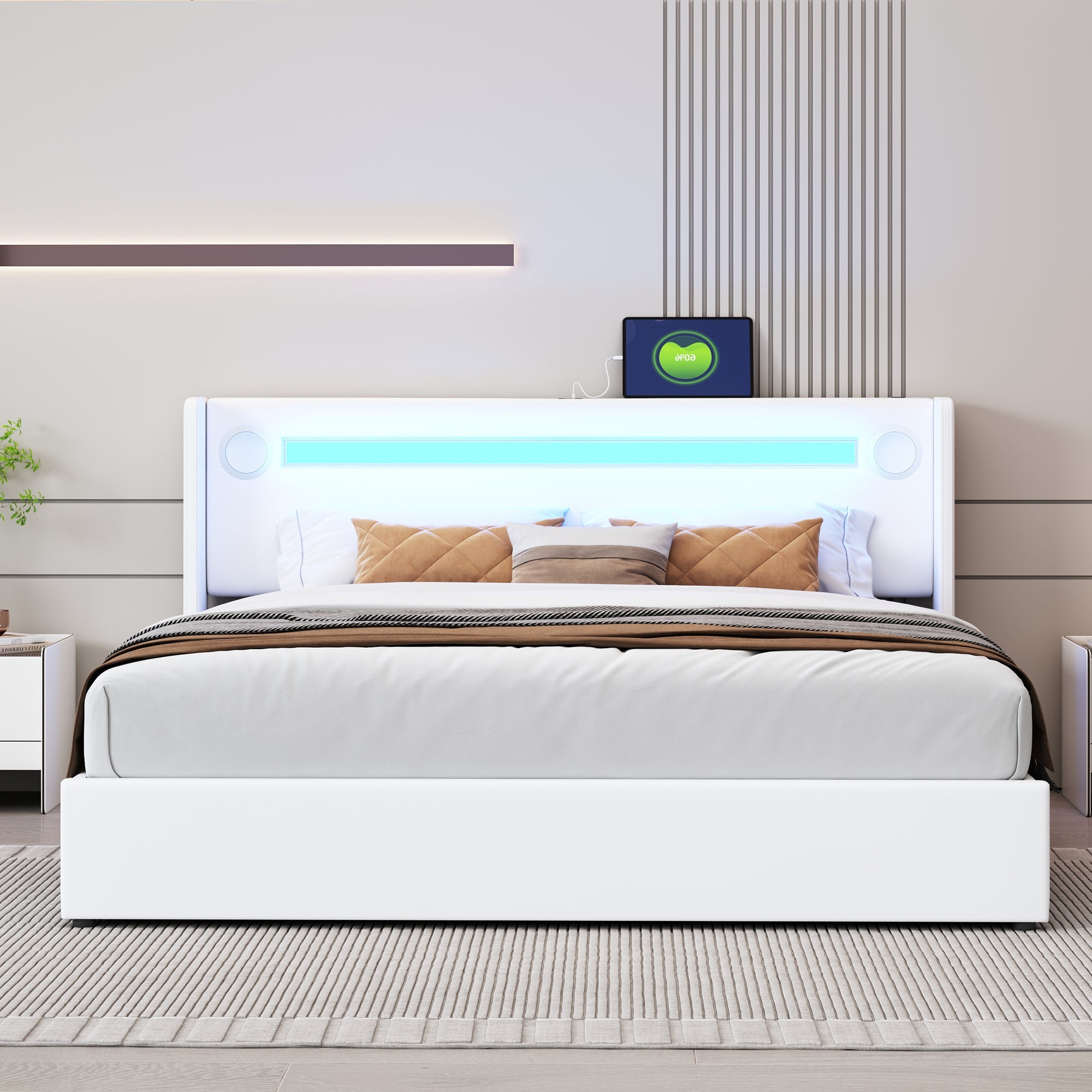 Upholstered Bed 160x200 with LED, Bluetooth, USB, Storage, PU Leather White