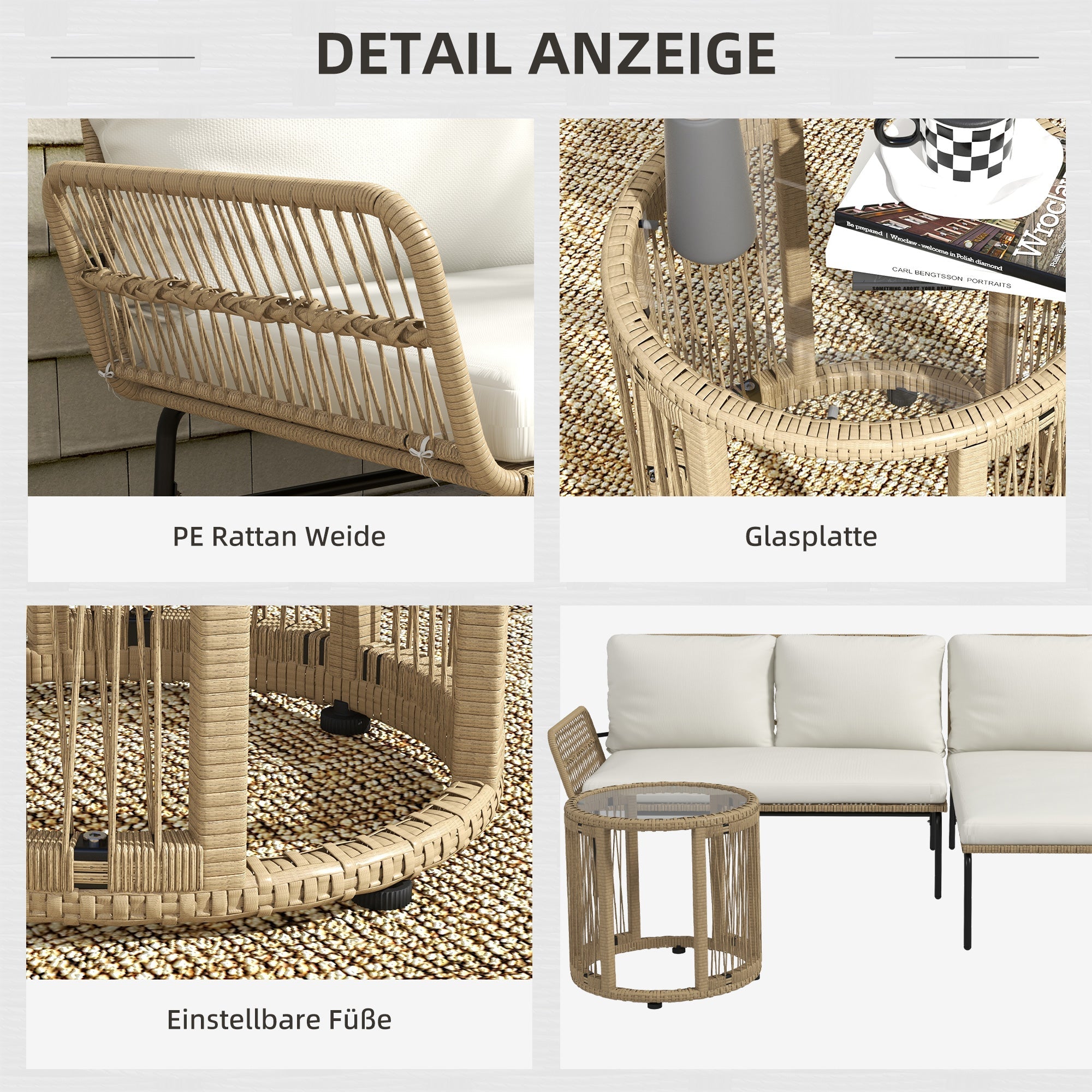 Rattan Garden Furniture Set with Sun Lounger, Coffee Table, Loveseat & Cushions, Cream
