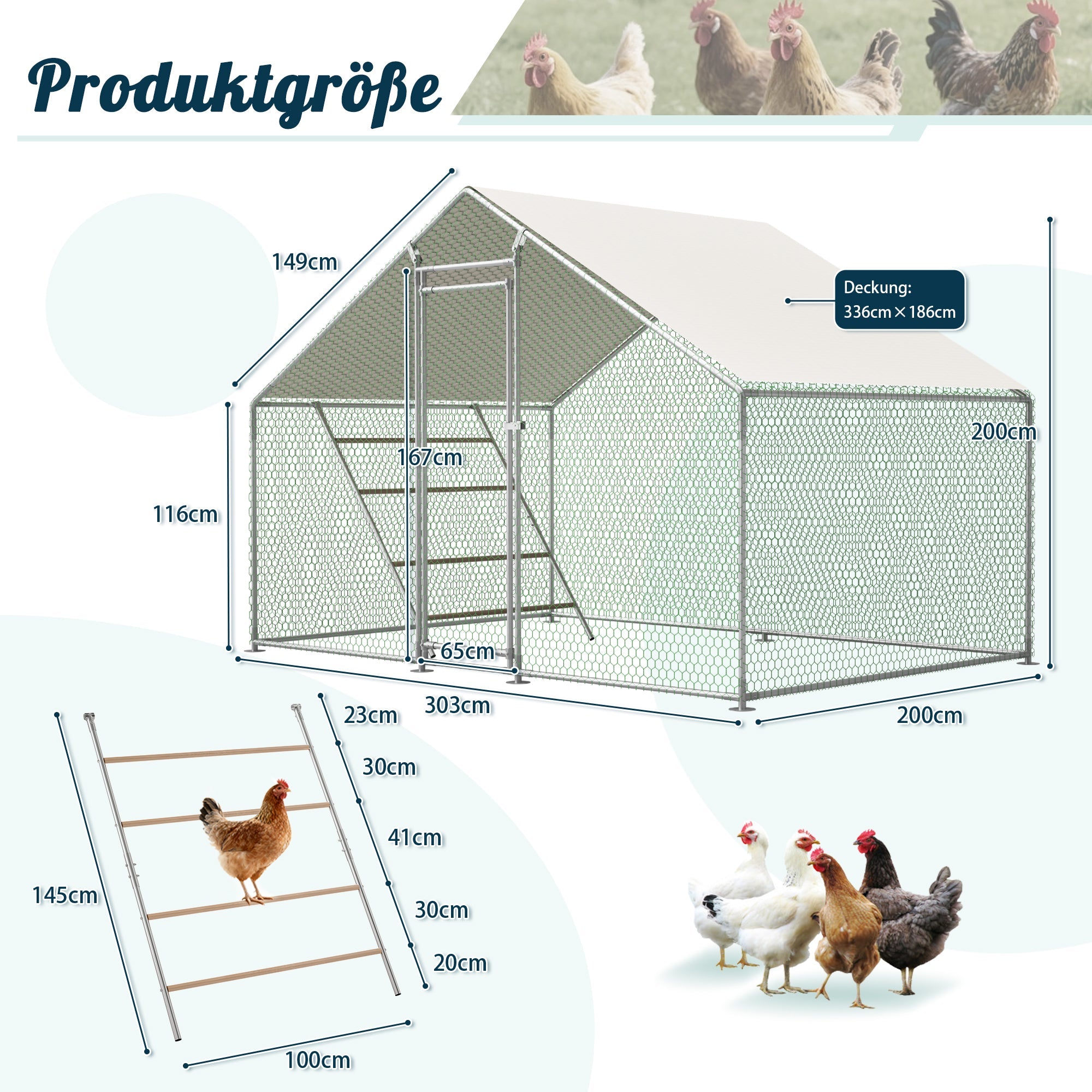 Chicken Coop 3x2m with Ladder, Safety Lock, and Waterproof UV Cover - Reinforced 1mm Tubes