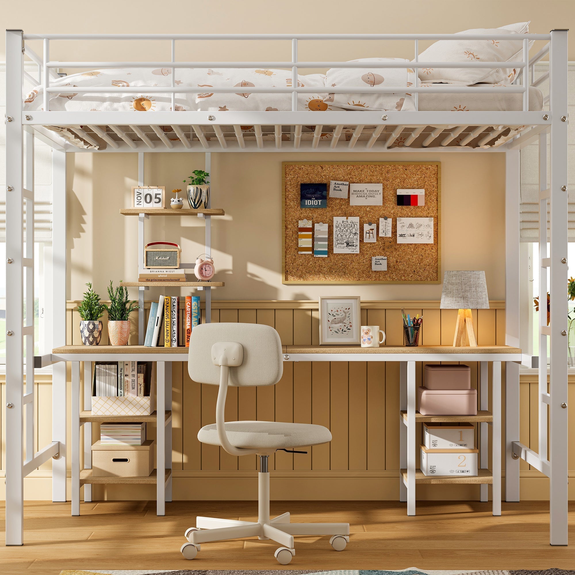 Iron Frame Bunk Bed with Table, Shelves, Safety Rail, 90x200cm, White Iron + MDF