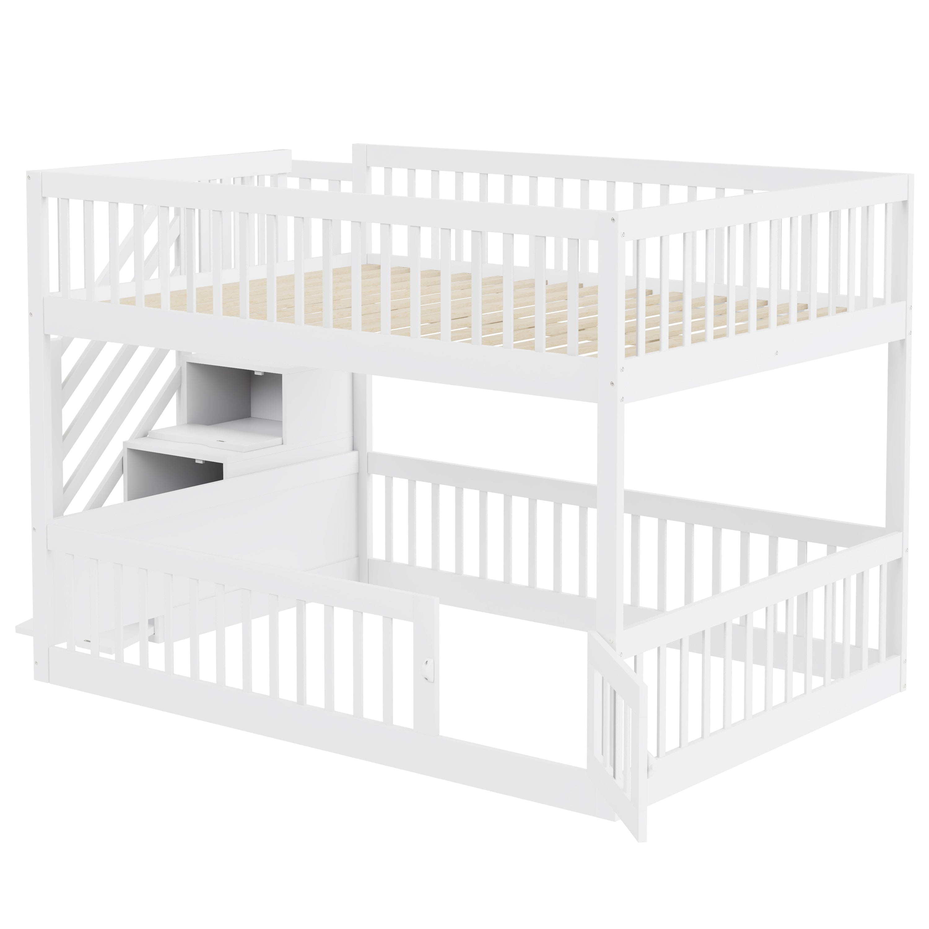 Bunk Bed 140x200, with Safety Stairs and Storage Drawers, White Wood