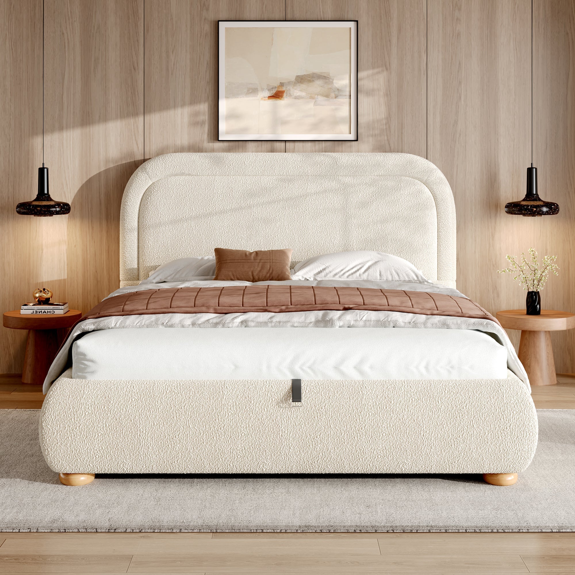 Upholstered Double Bed 140x190cm Hydraulic Storage Slatted Base Beige Bouclé