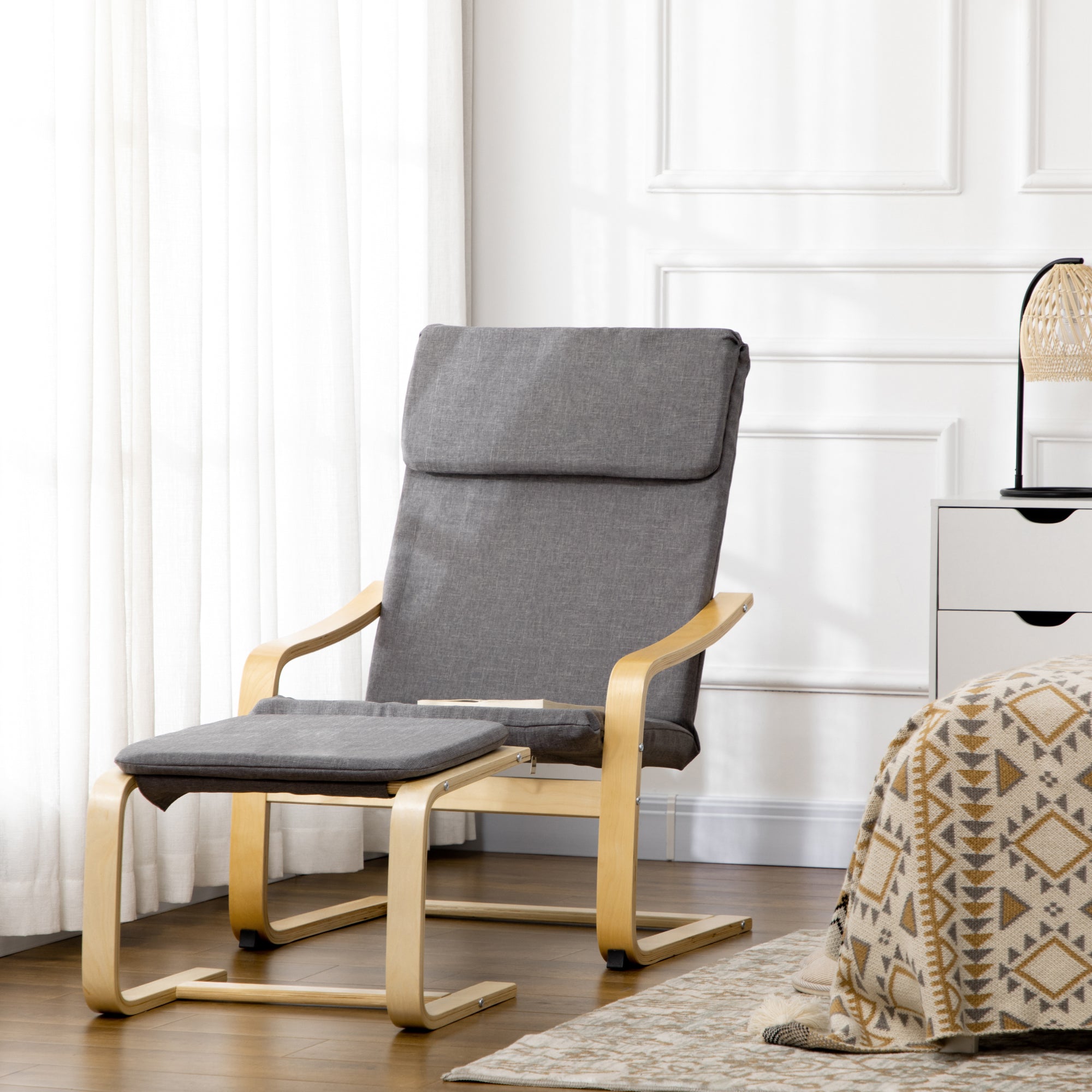 Entspannender Sessel mit Fußhocker, Ohrensessel, Graues Leinen