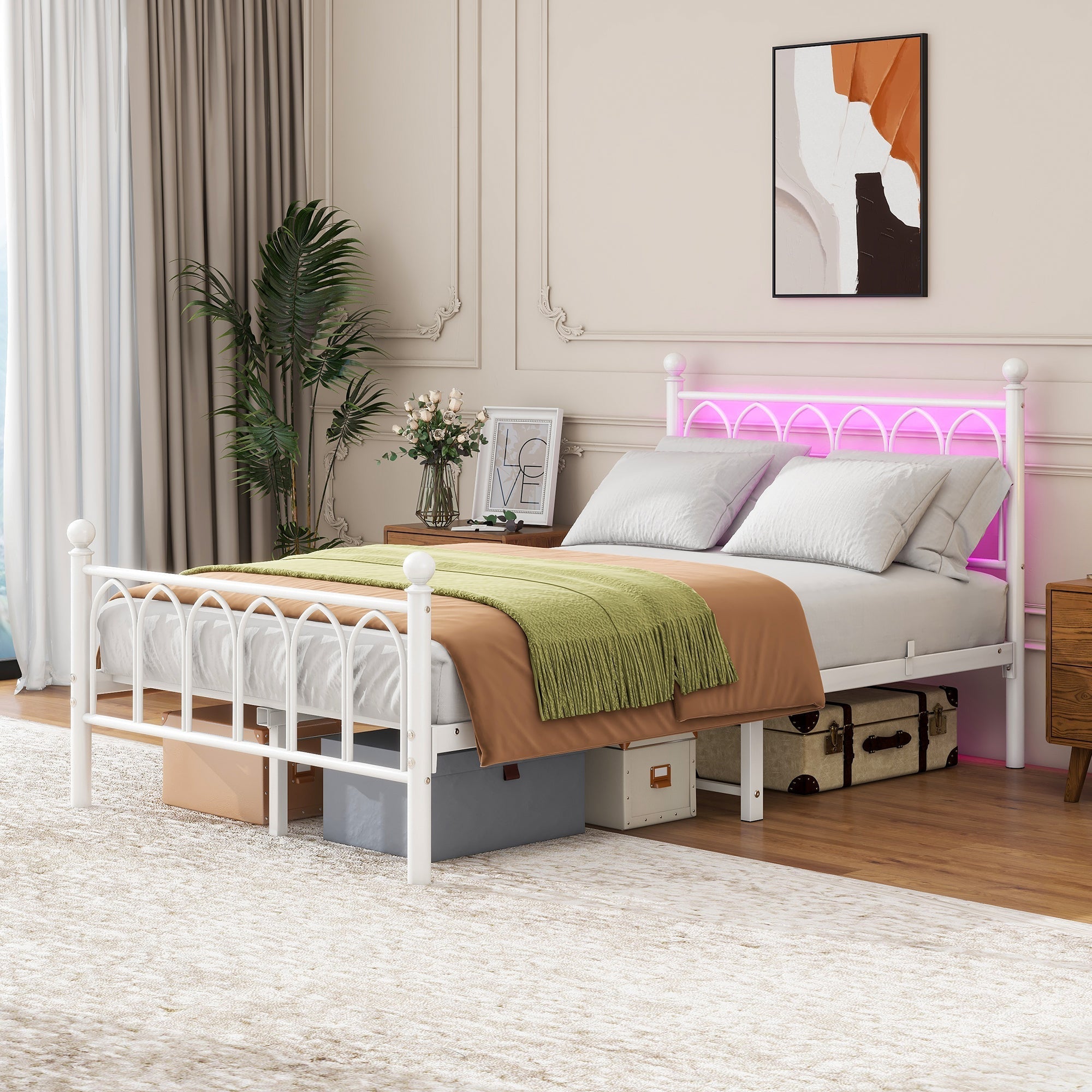 Metal Bed Frame 120x200cm, Vintage Headboard & Footboard with USB & LED, Heavy-Duty Steel, White