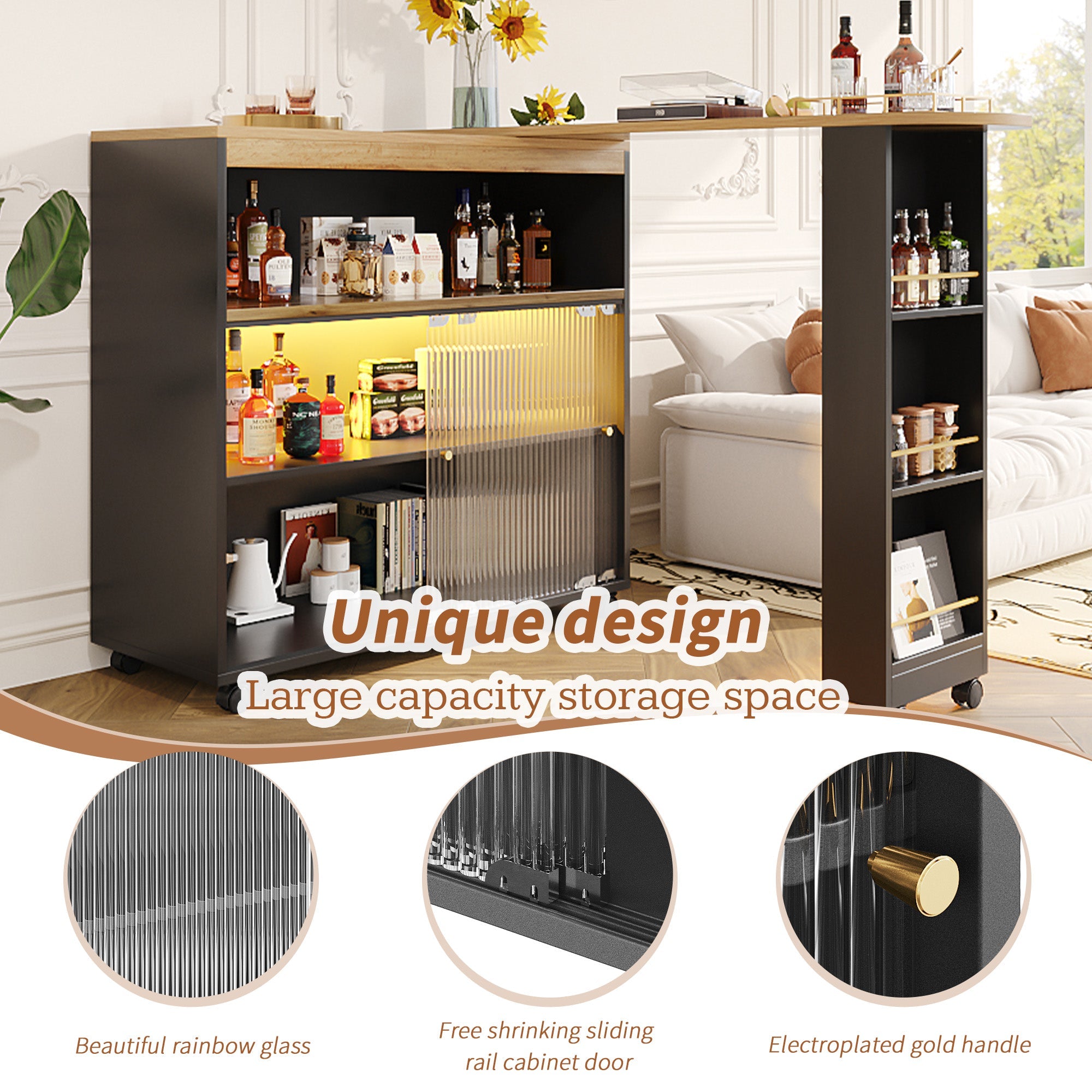 Extendable Bar Table Telescopic with LED Light Storage Cabinet Black
