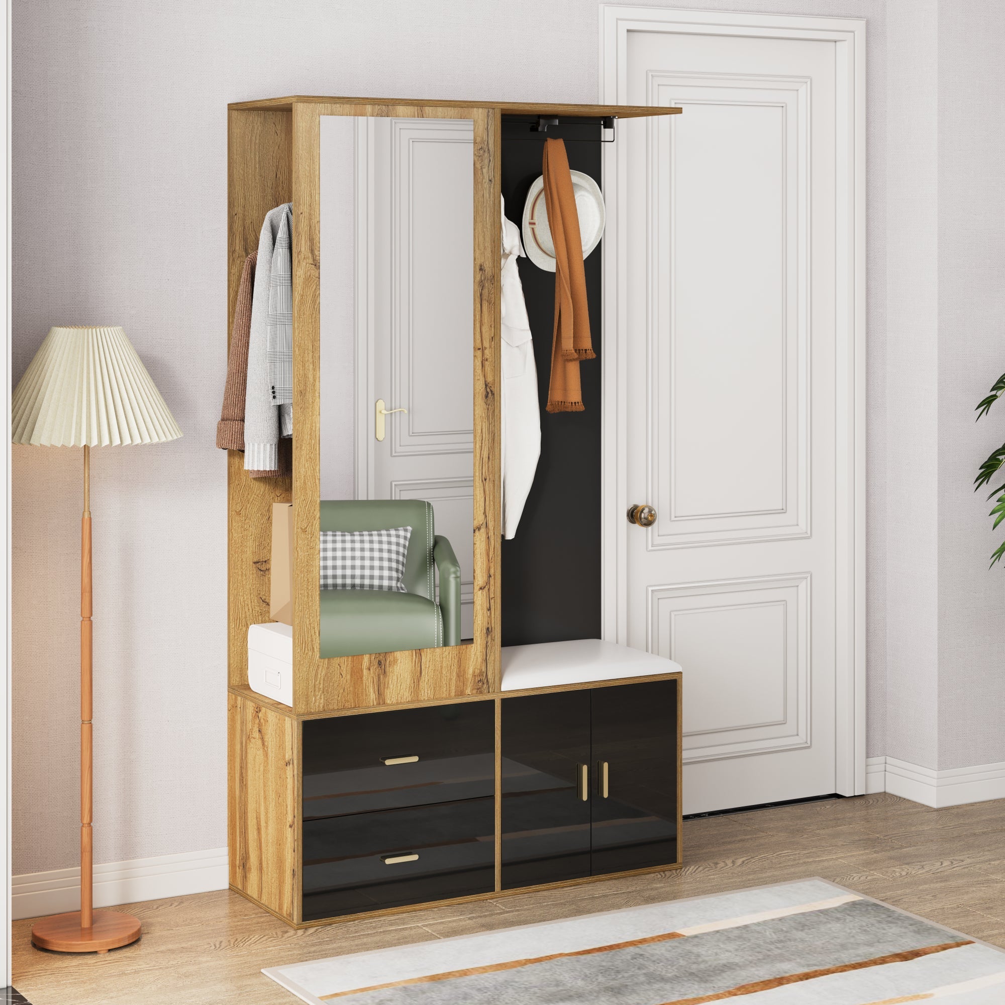 Wardrobe Set with Mirror, Shoe Cabinet & Bench, Black and Wood