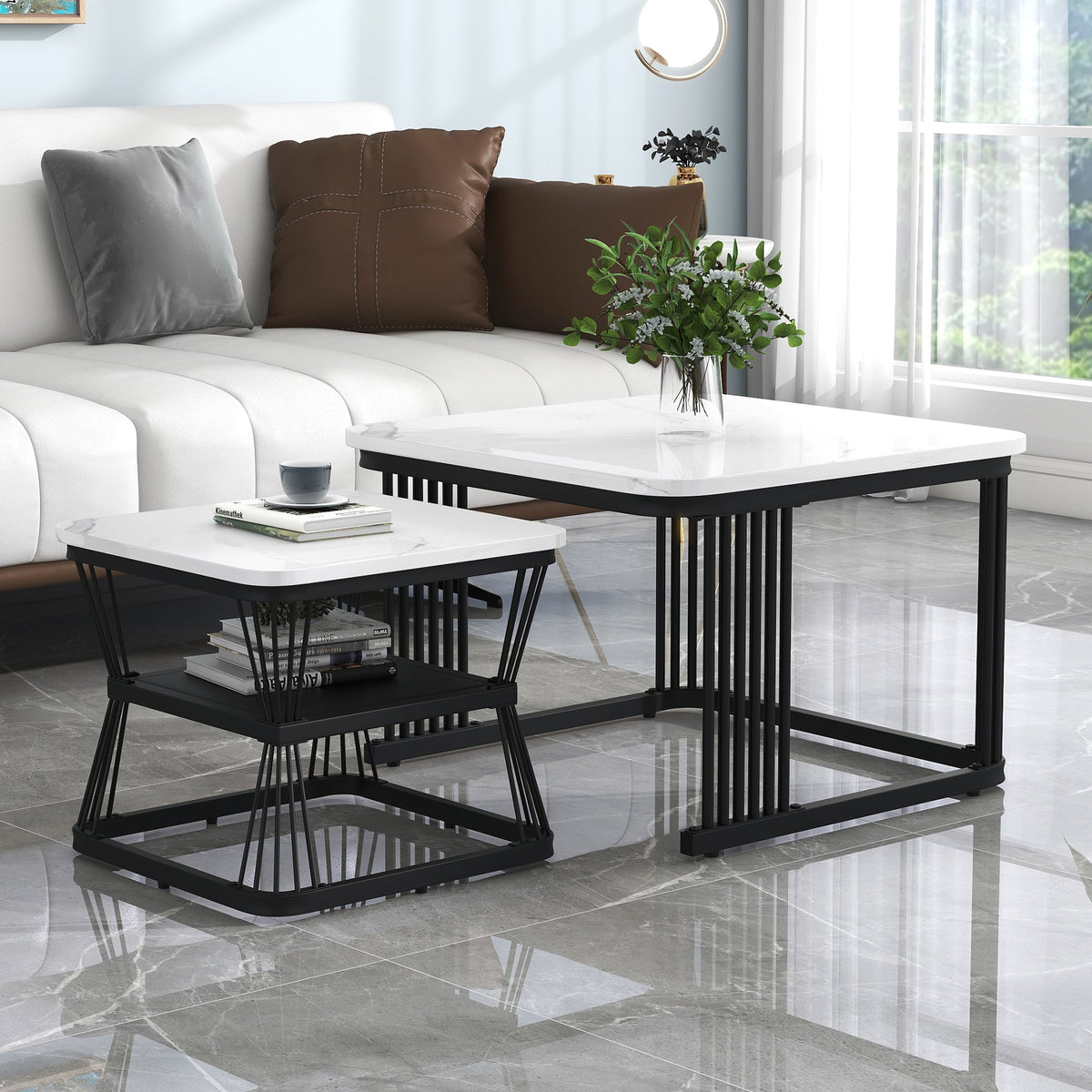 Set of 2 Modern Side Tables Marble Look Steel Frame - White/Black