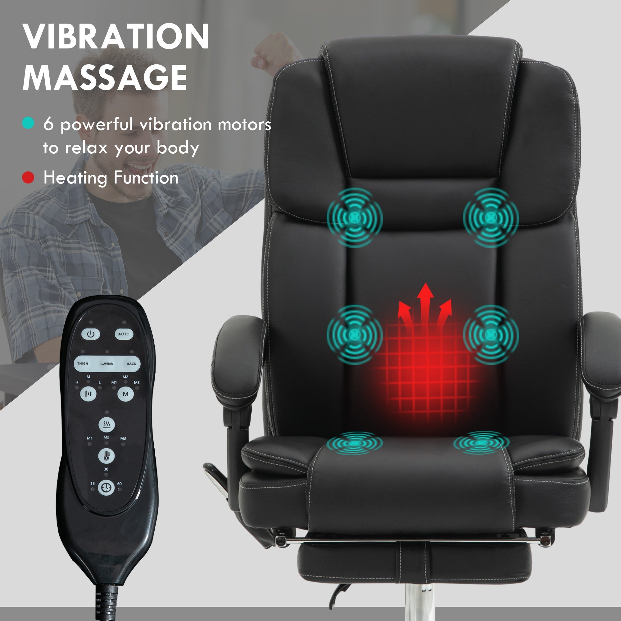 Six Point Vibrating Massage Office Chair with Recline and Footrest, Faux Leather Black