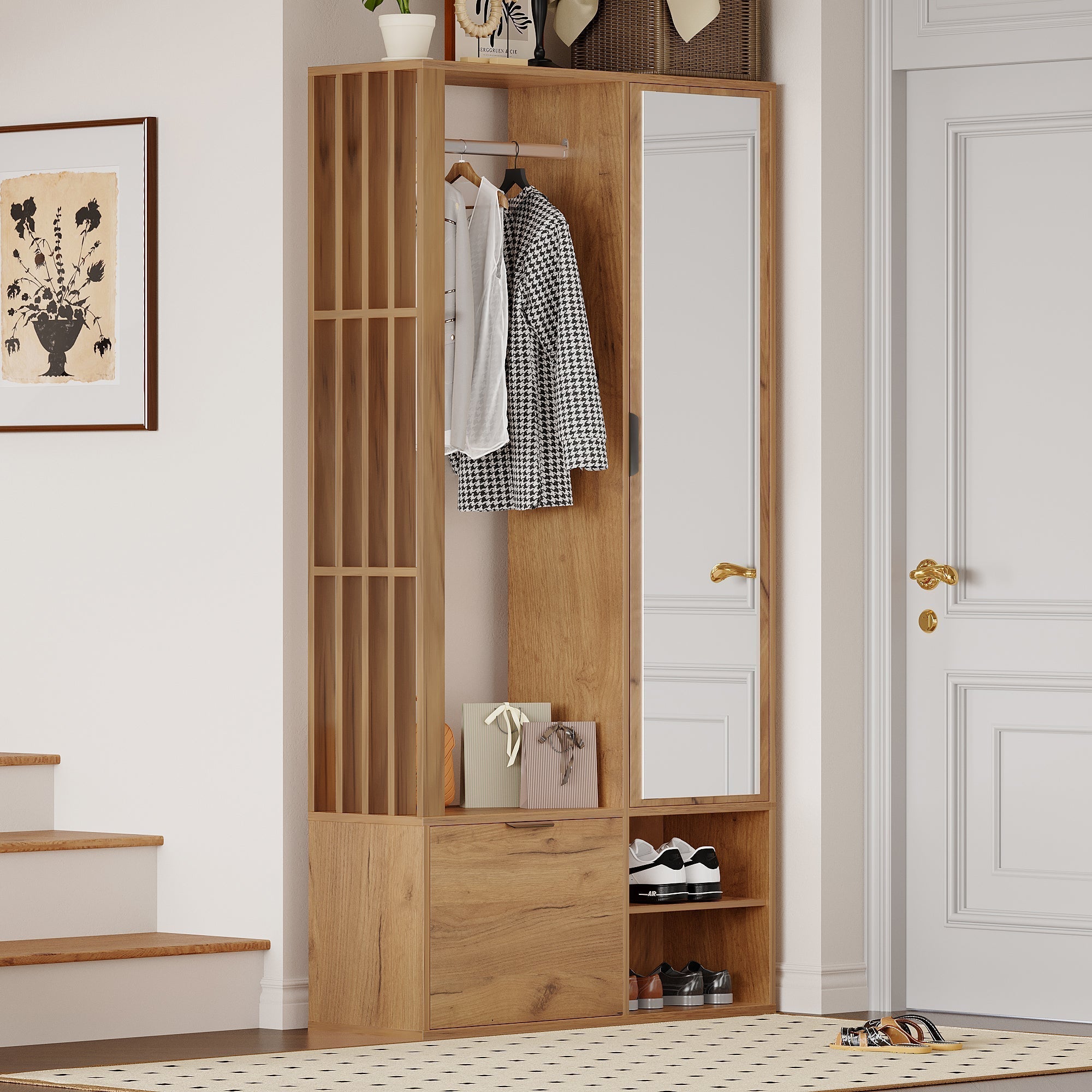 Wardrobe with Hallway, 6-in-1 Entryway 100x33x190cm Clothes Rack Mirror, Wood Color