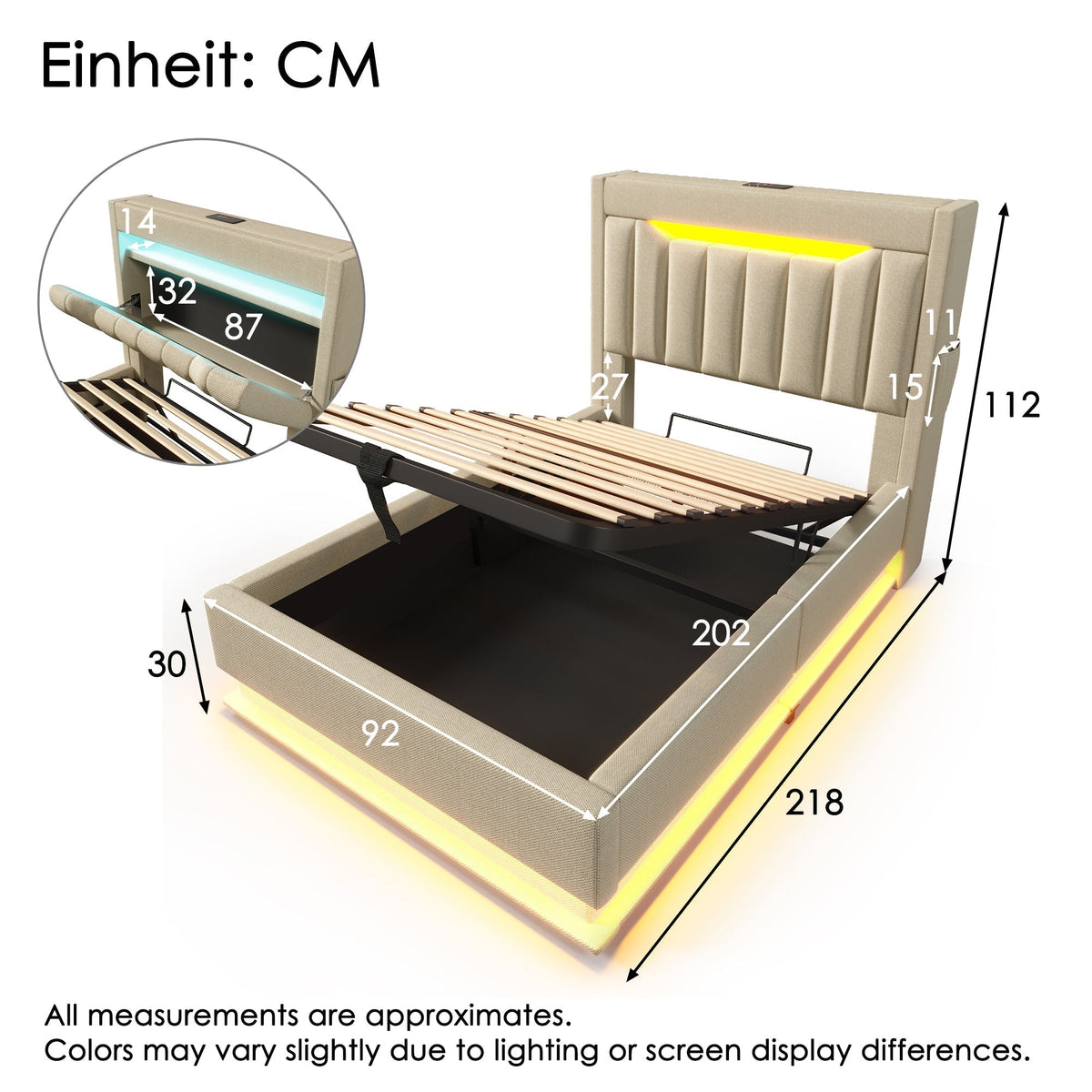 Upholstered Single Bed 90x200cm Storage Headboard LED Hydraulic, Beige Linen