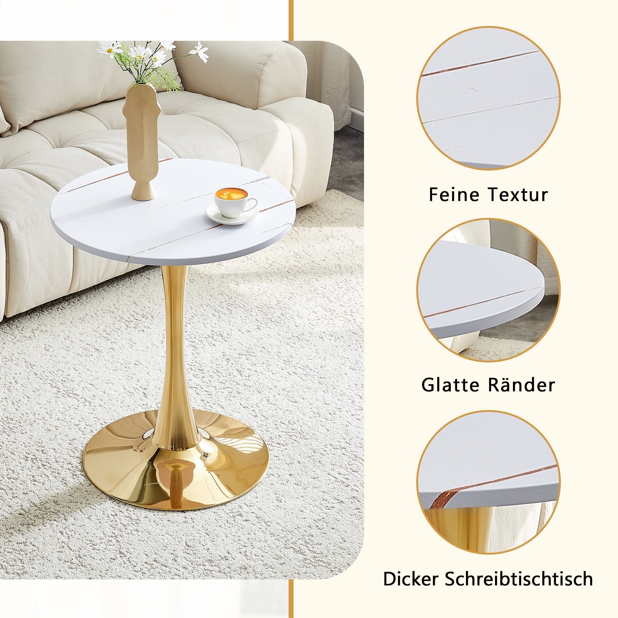 Round 60cm Side/Dining Table MDF Golden Leg White Grain