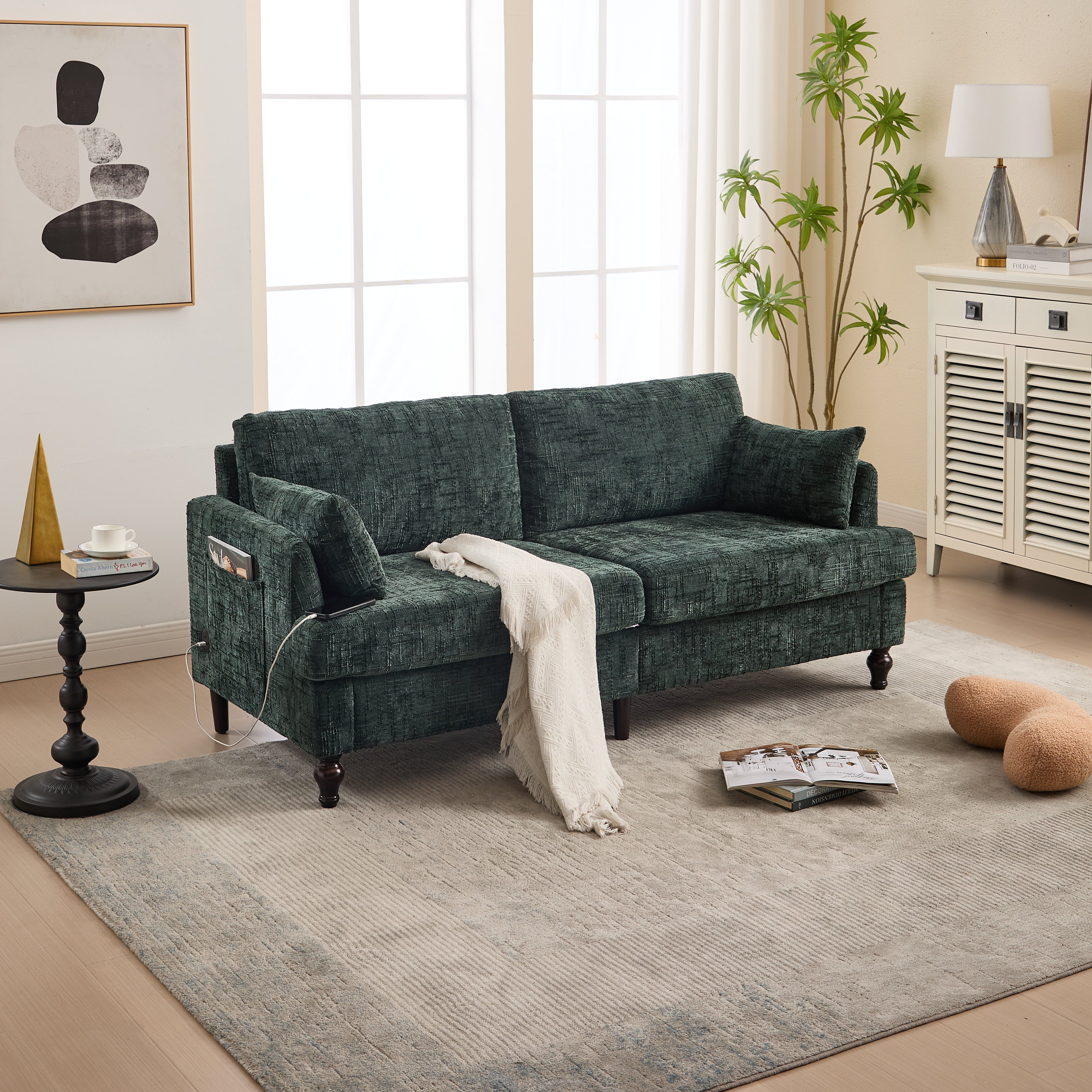 Sofa, Modern 2-Seater with LED Light, USB Port, Storage Bag, Chenille