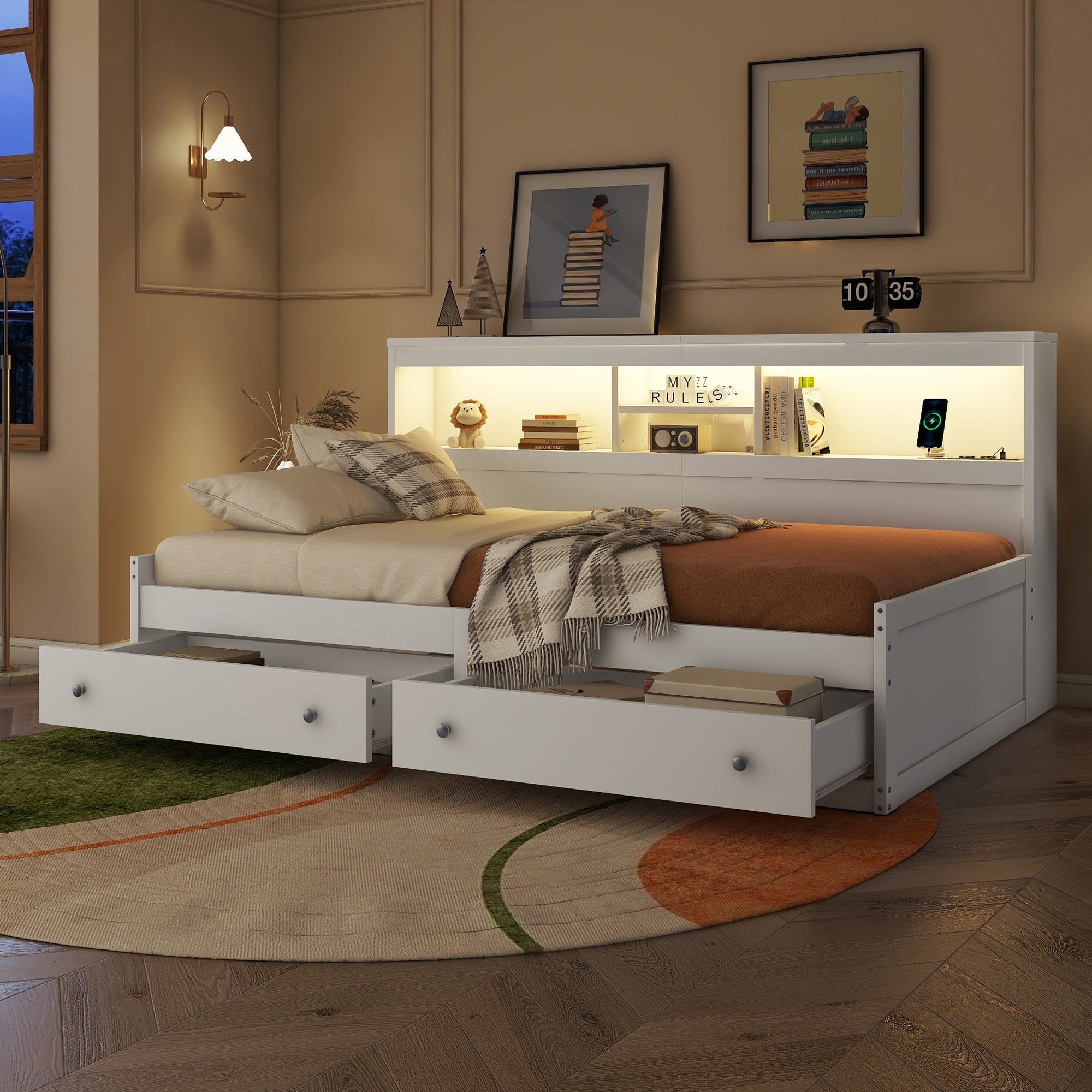 Daybed Sofa Bed 90x200cm Storage Drawers LED USB Charging - White Chipboard