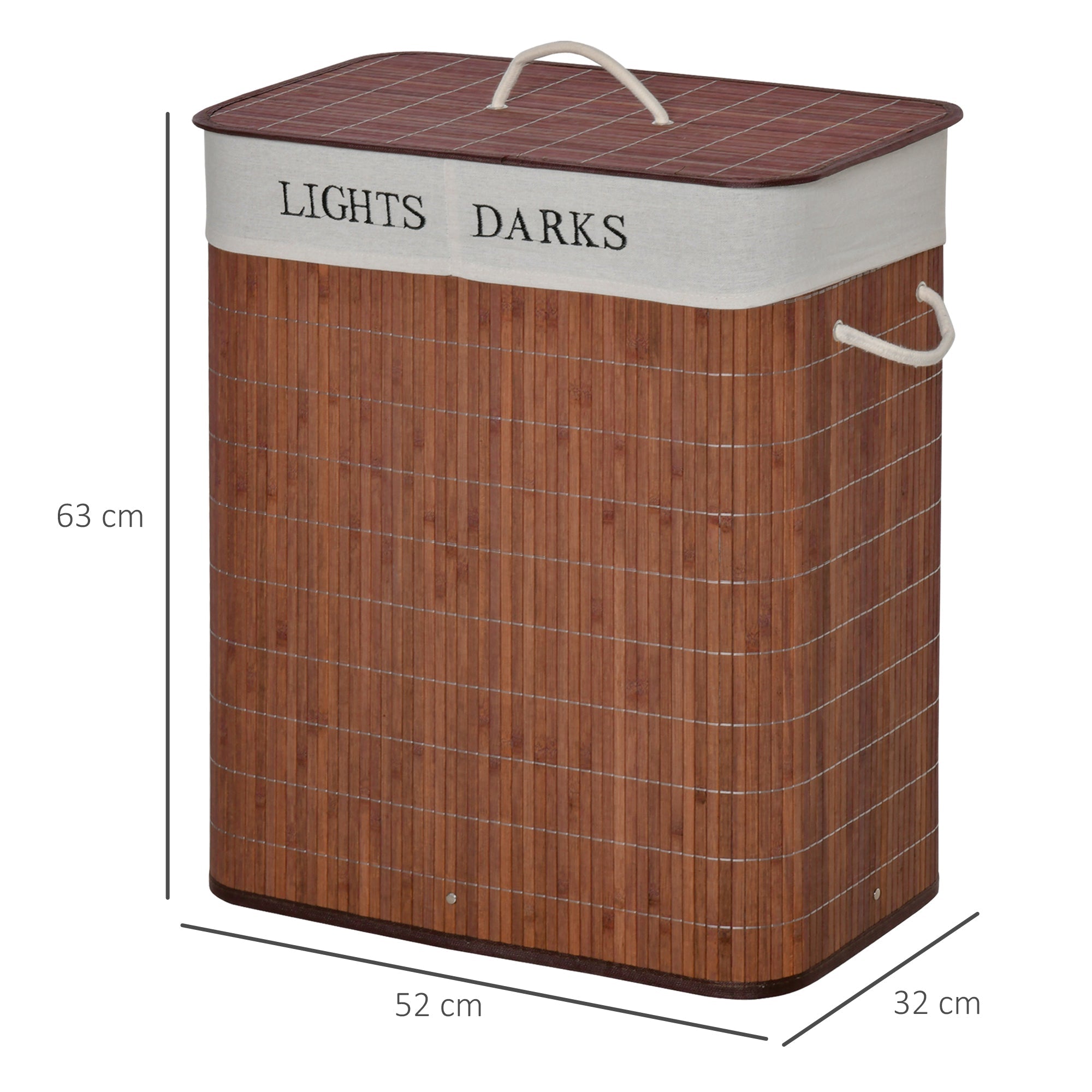 Laundry Basket Hamper 100L 3 Handles Washable Bag, Bamboo Cotton Metal Brown+White
