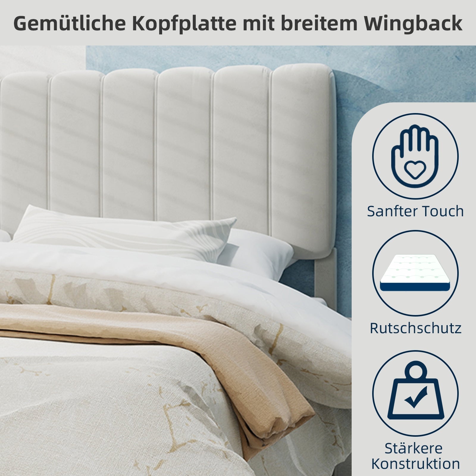 Upholstered Bed, Modern Minimalist Plush Headboard, 160x200cm, Beige