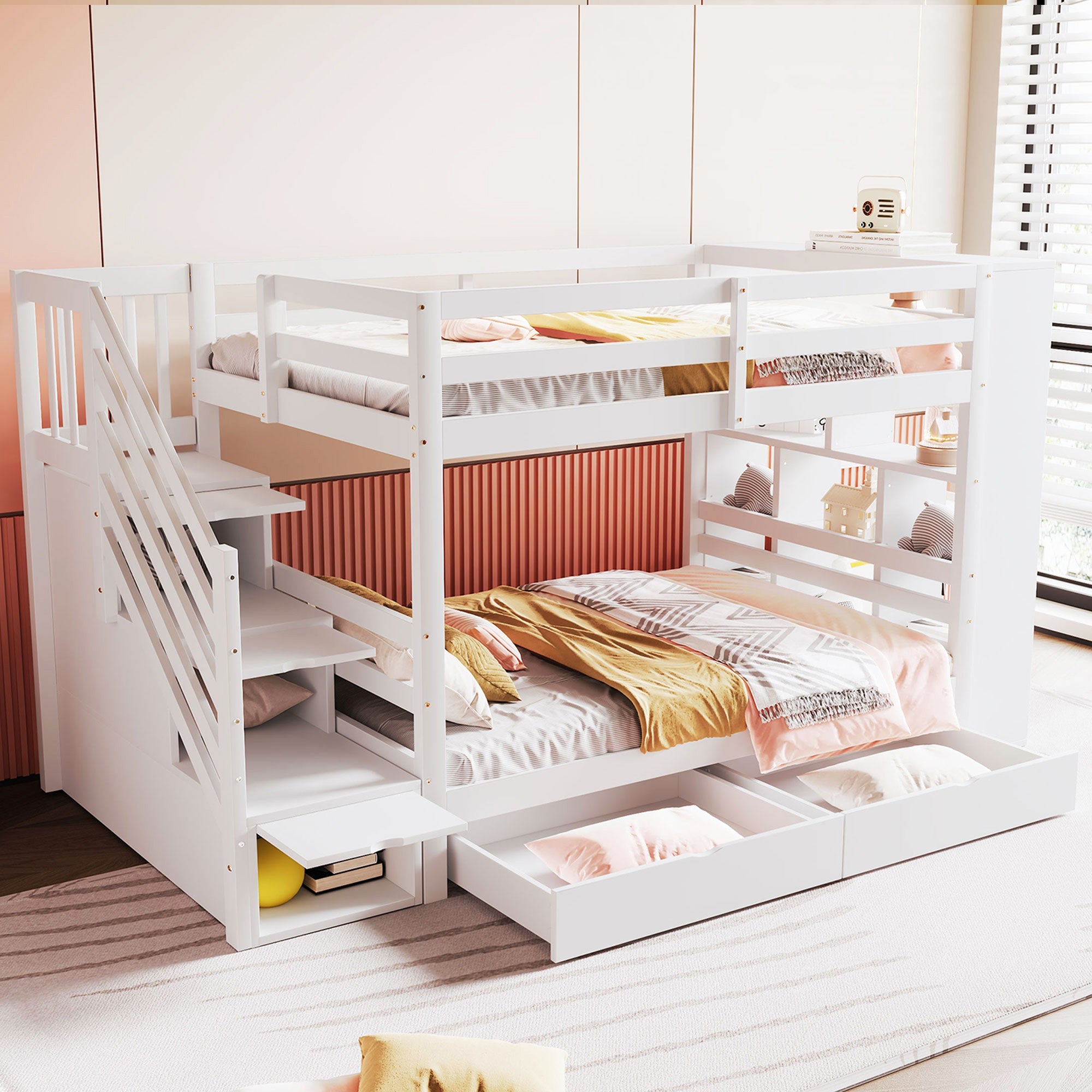 Bunk Bed, 90x200cm, Safety Ladder, Storage & Lockers, Pine Wood, White