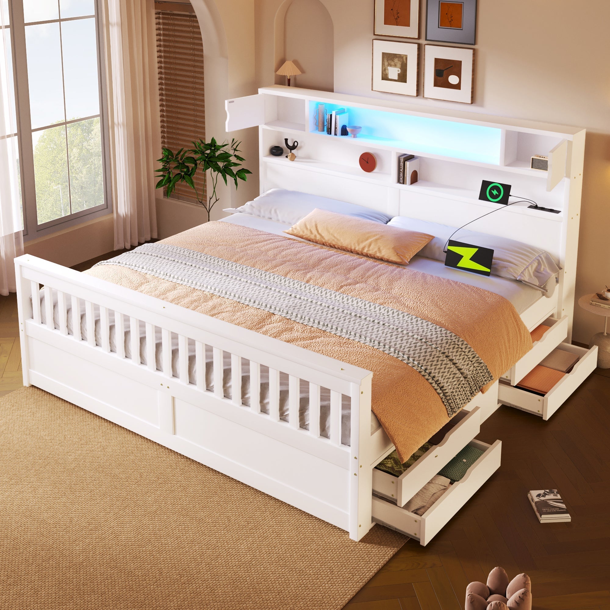 Platform Bed Frame with Storage Shelves, LED, USB and 4 Drawers, 180x200cm, White