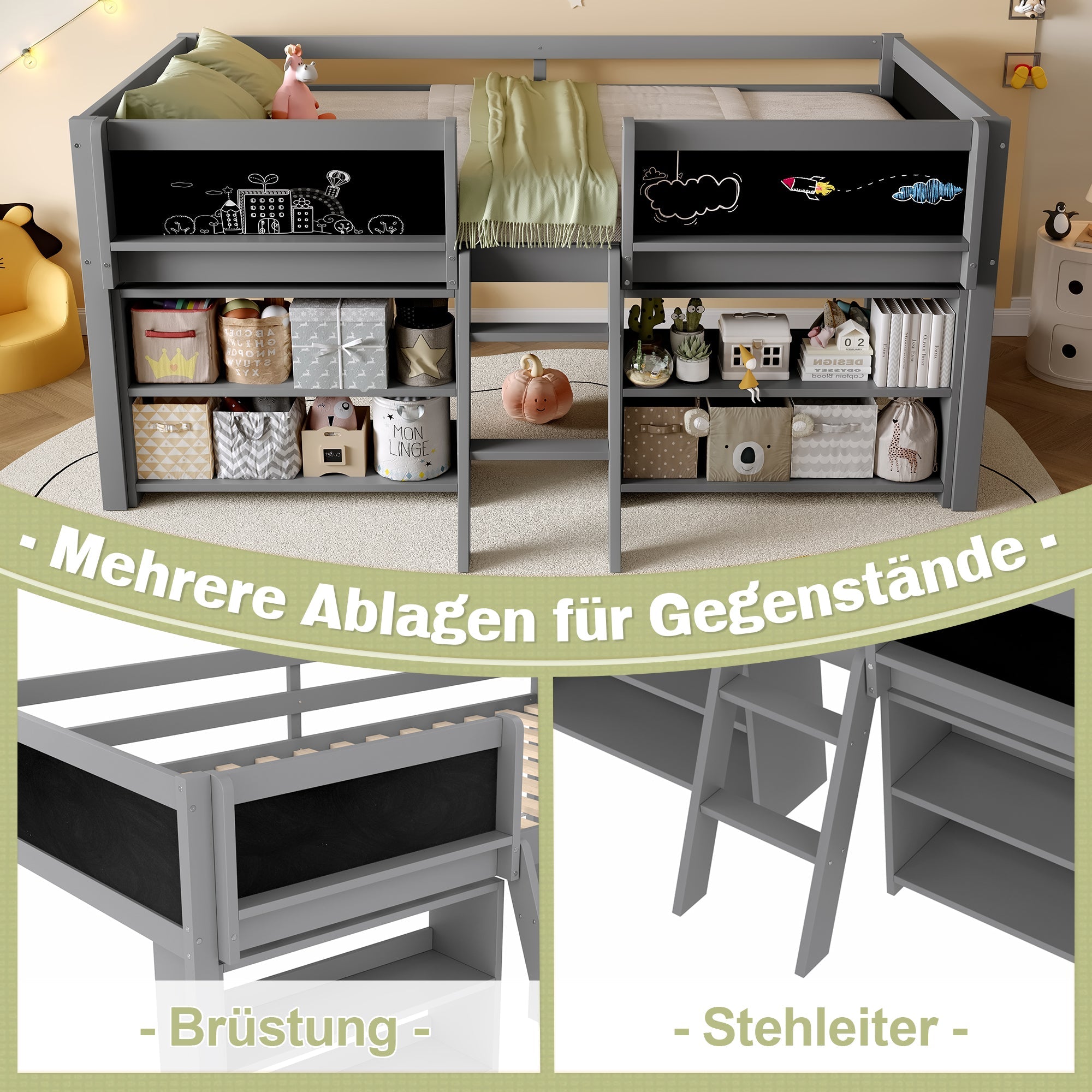 Mid-height Bed 90x200cm Storage Shelves Railing Ladder Pine Wood, Grey